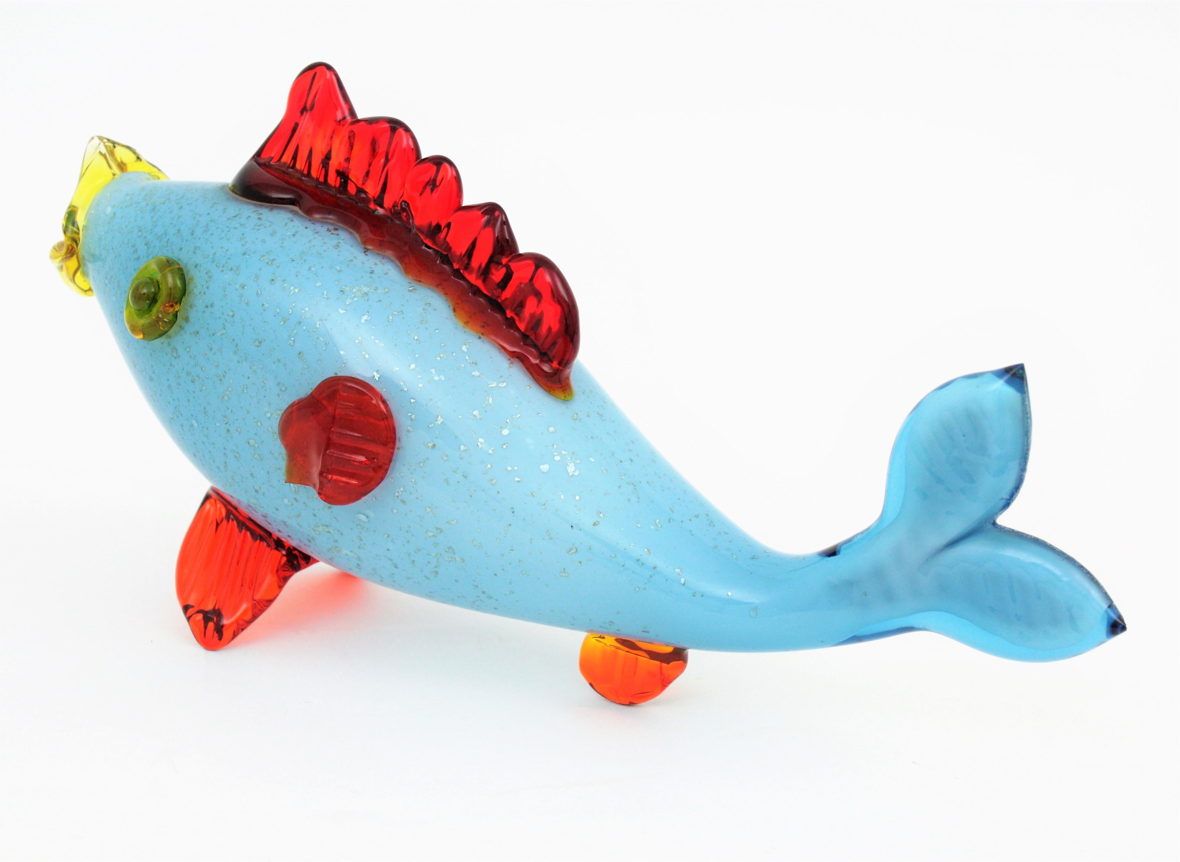 Murano Blue Red Art Glass Fish Figure with Silver Flecks For Sale 1