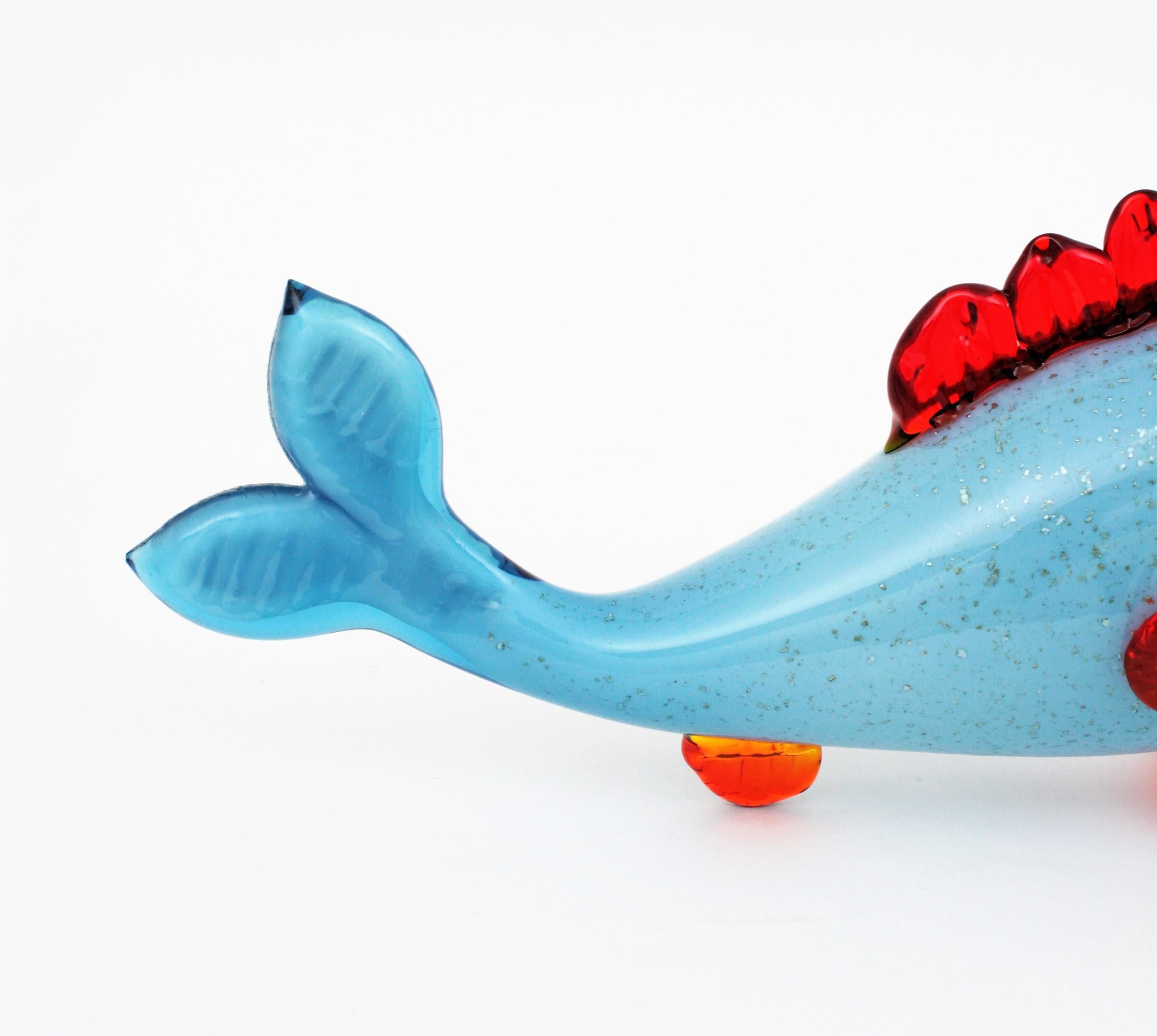 Murano Blue Red Art Glass Fish Figure with Silver Flecks For Sale 2