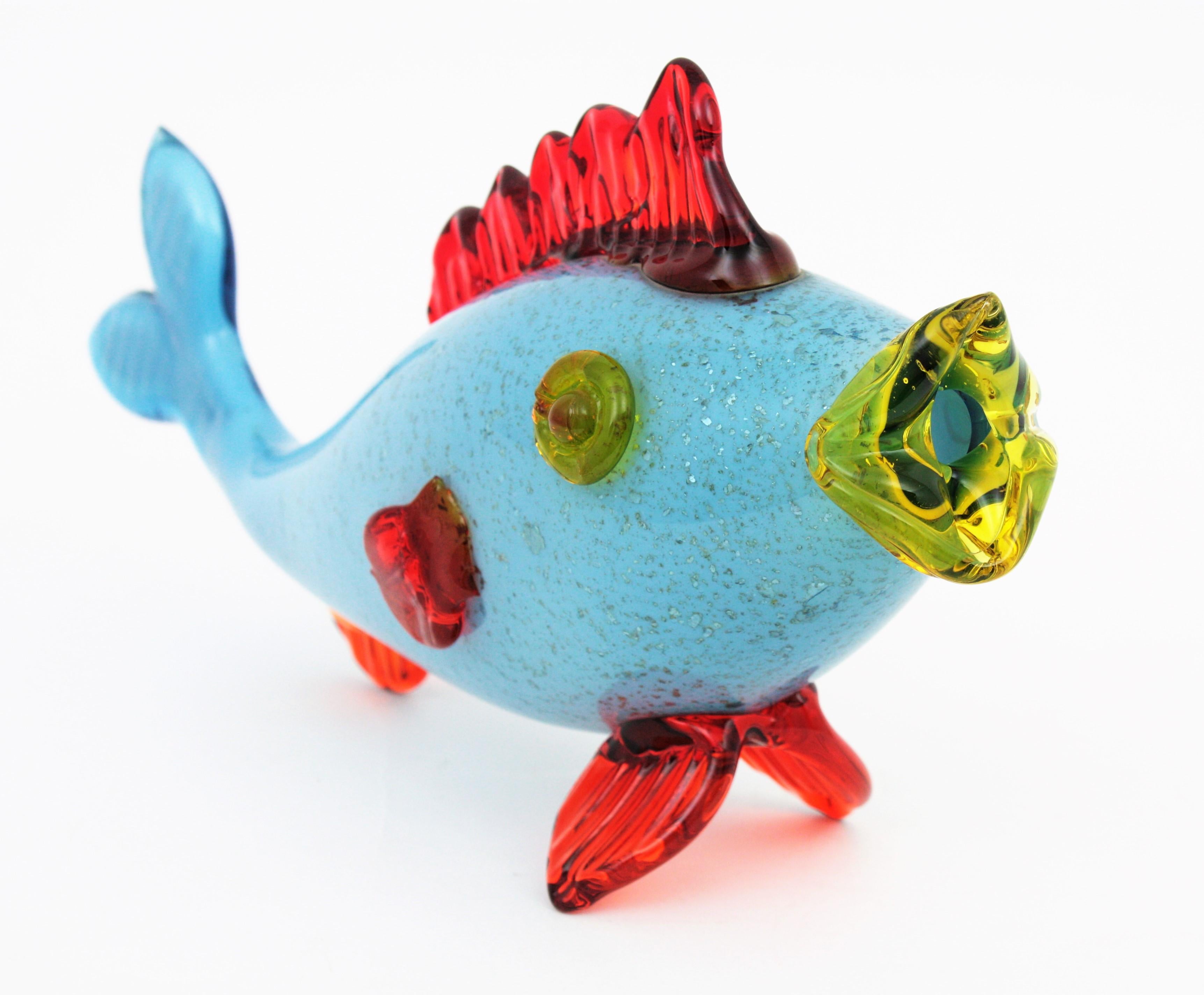 Mid-Century Modern Murano Blue Red Art Glass Fish Figure with Silver Flecks For Sale