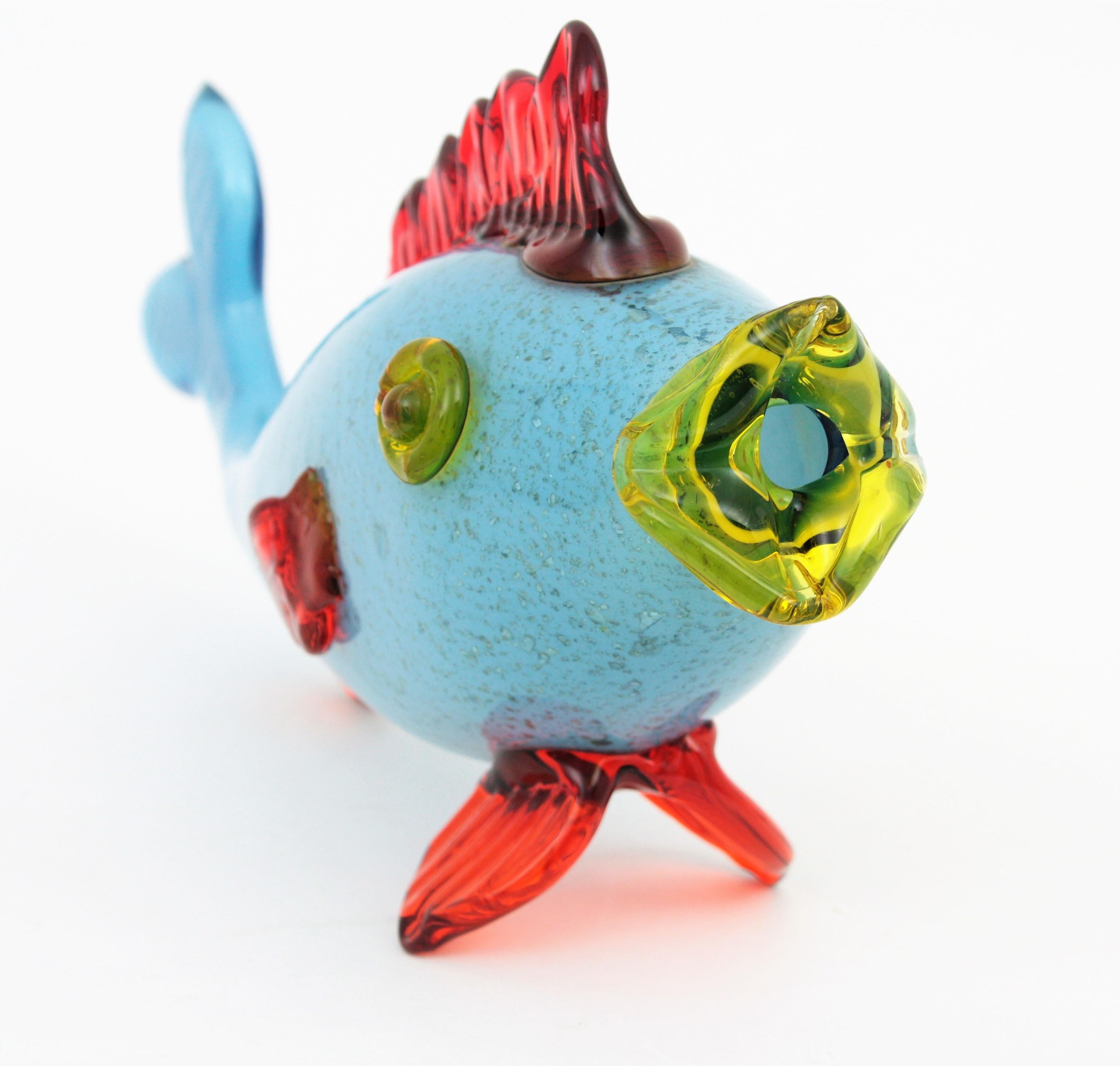 20th Century Murano Blue Red Art Glass Fish Figure with Silver Flecks For Sale