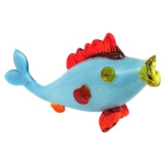 Murano Blue and Red Art Glass Fish Figure with Silver Flecks