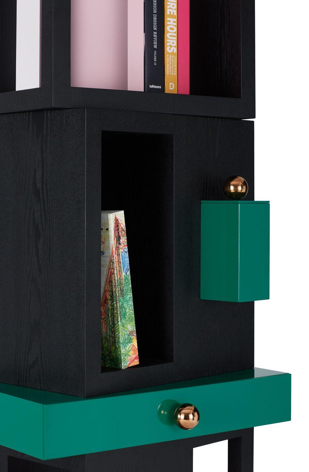 Colorful bookshelf designed by Thomas Dariel, Maison Dada
Measures: W 61 x D 60 x H 165 cm
Also available in taller version 218 cm
External shell in colored-stained ash veneer
Inside shelving painted in matte finish
Middle drawer painted in