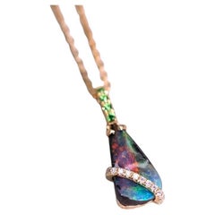 Bunte Boulder Opal & Diamant Tsavorit Halskette 18K Gelbgold