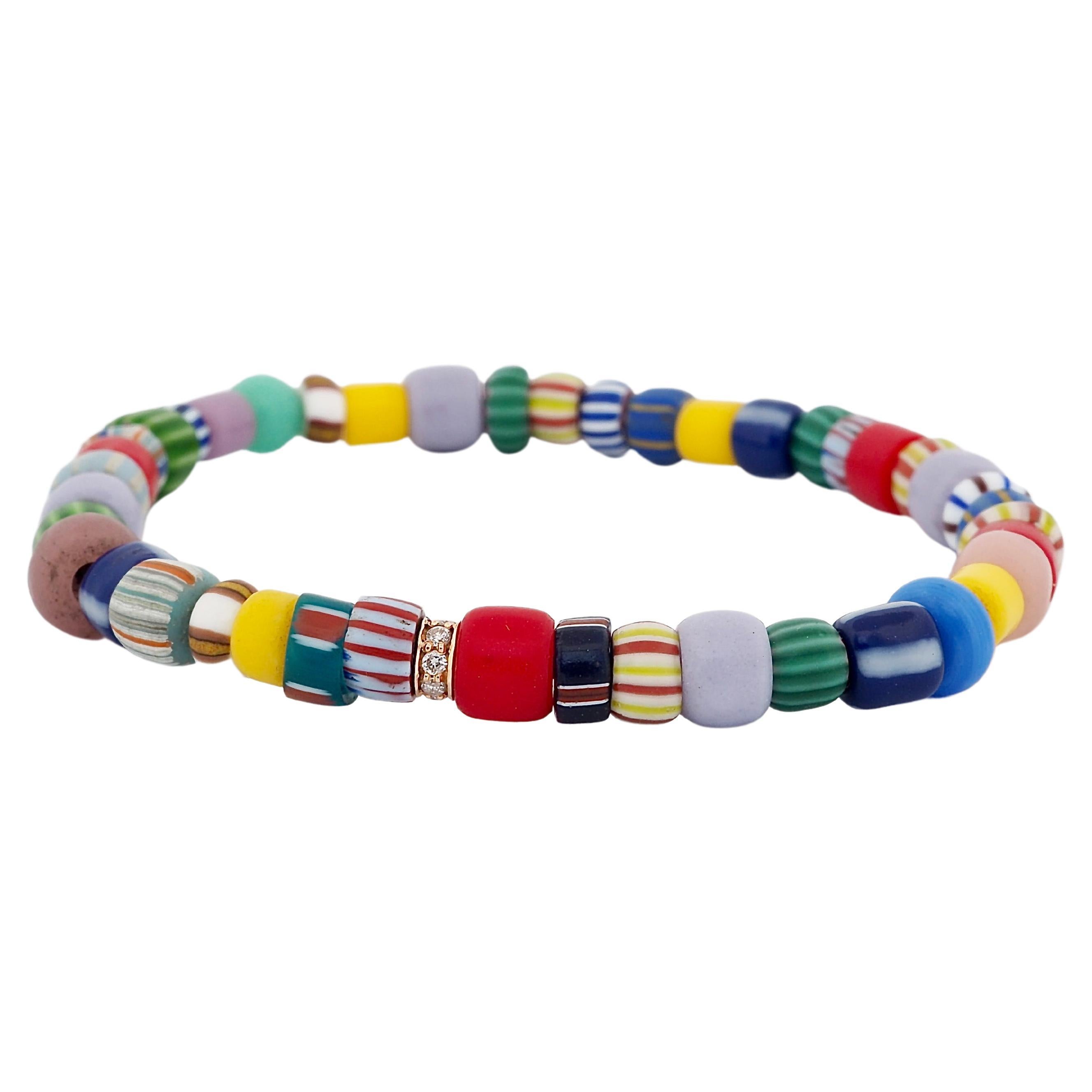 Colorful bracelet with diamond elements, made of african glass beads For Sale