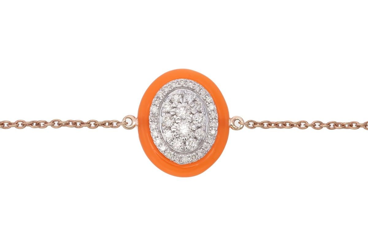 6,5 Zoll langes Armband aus 18-karätigem Roségold mit einem ovalen Motiv, das mit natürlichen Diamanten und orangefarbener Emaille besetzt ist.

Diamant =0,24 Karat.