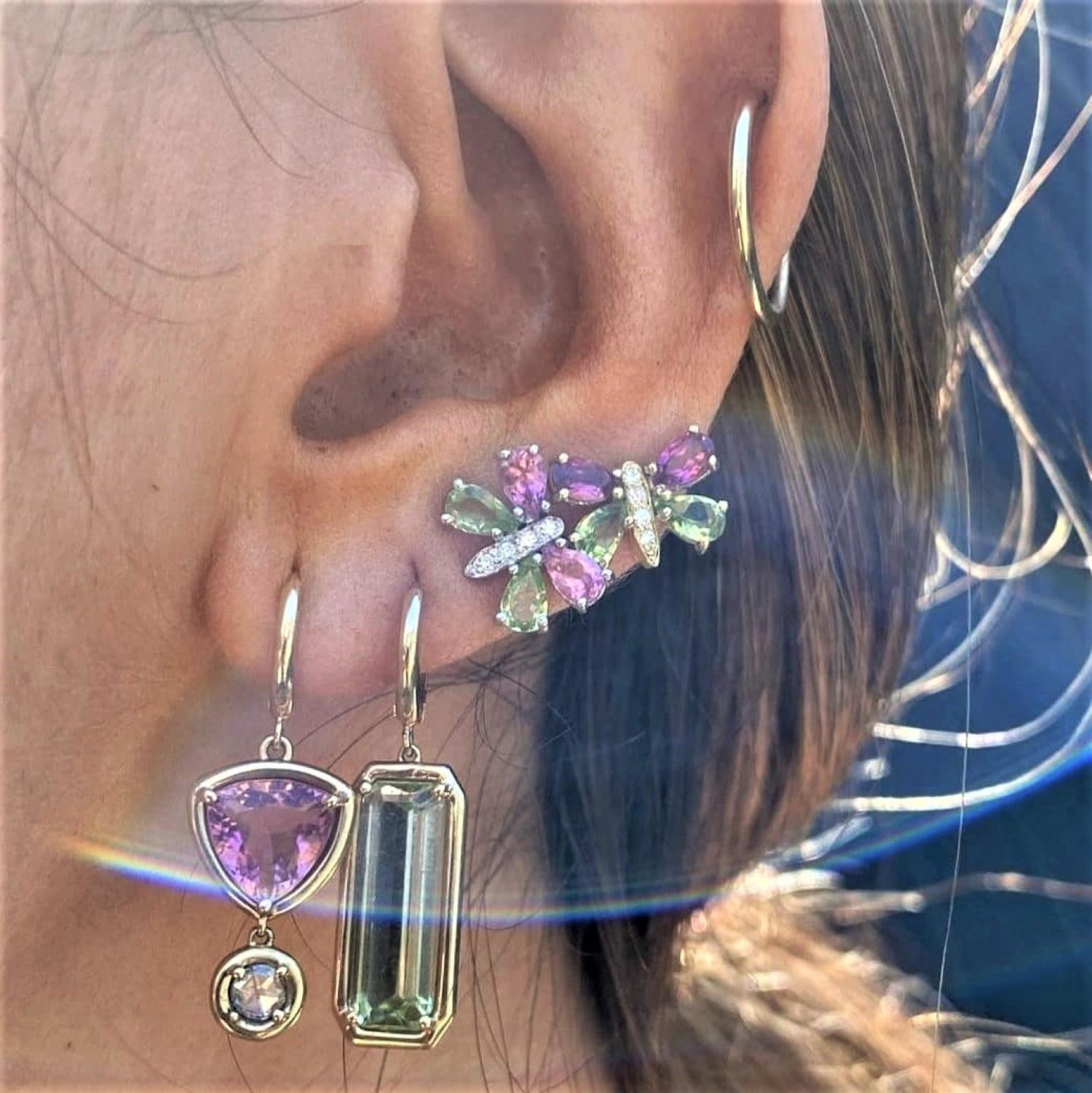 Modern Colorful Butterfly Earrings in 14K White Gold, Peridot and Pink Tourmaline Wings For Sale