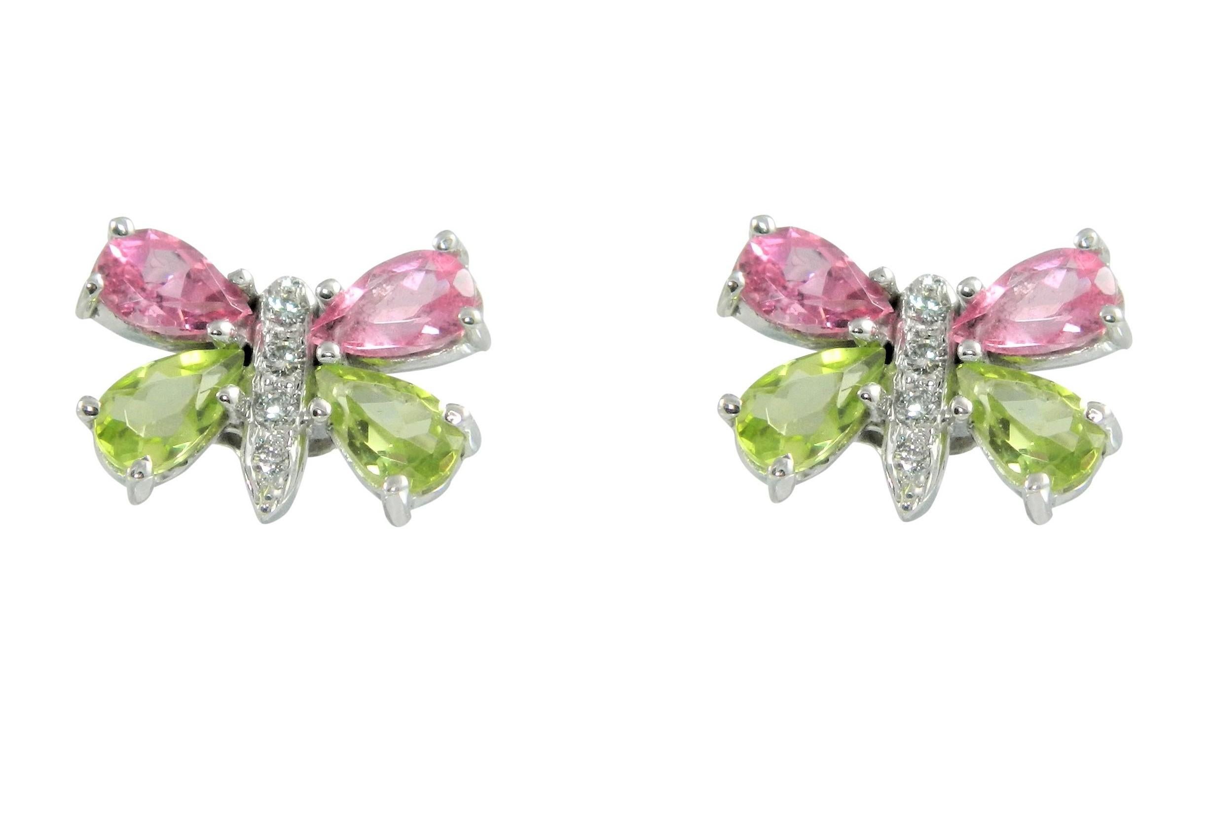 Pear Cut Colorful Butterfly Earrings in 14K White Gold, Peridot and Pink Tourmaline Wings For Sale