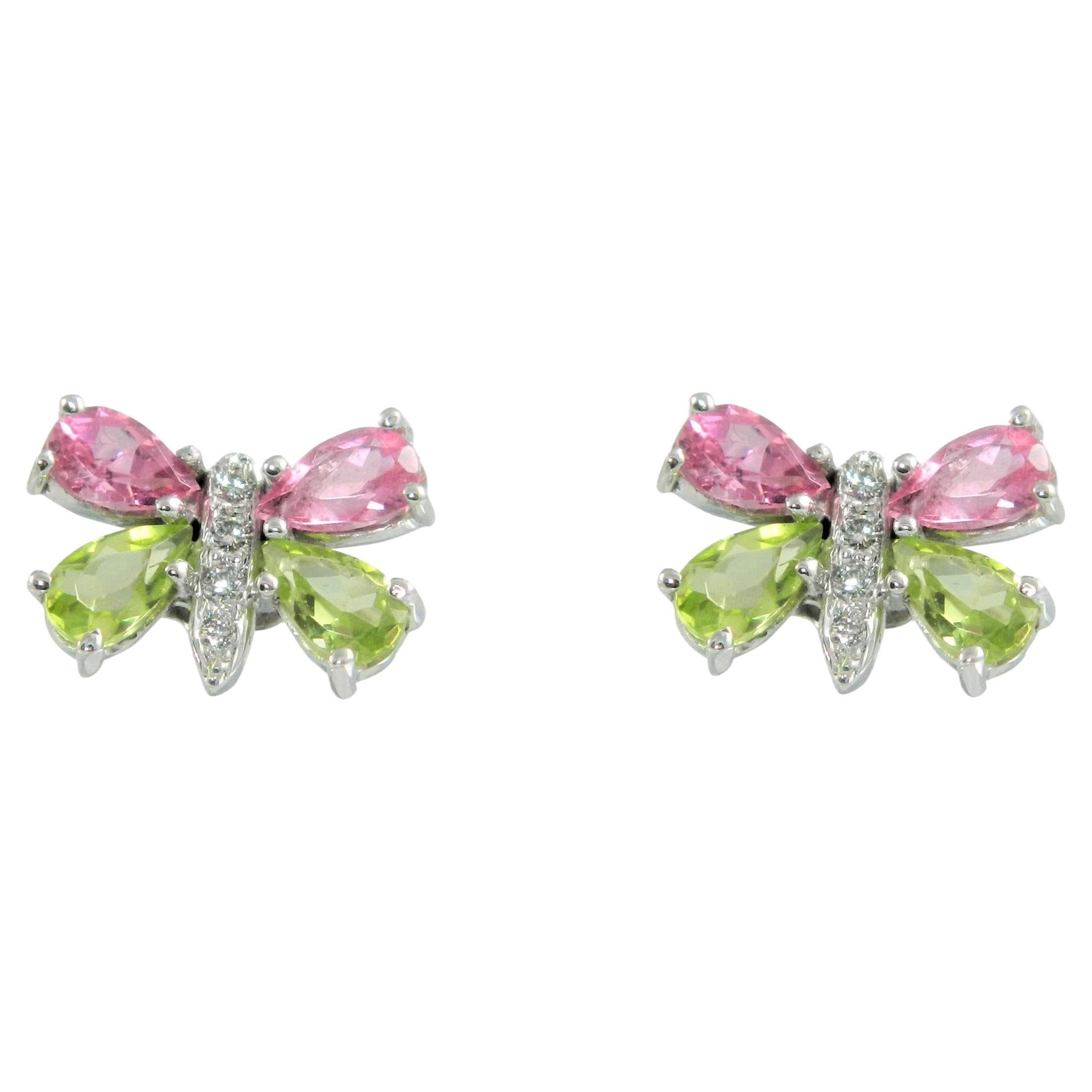 Colorful Butterfly Earrings in 14K White Gold, Peridot and Pink Tourmaline Wings For Sale