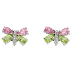 Used Colorful Butterfly Earrings in 14K White Gold, Peridot and Pink Tourmaline Wings