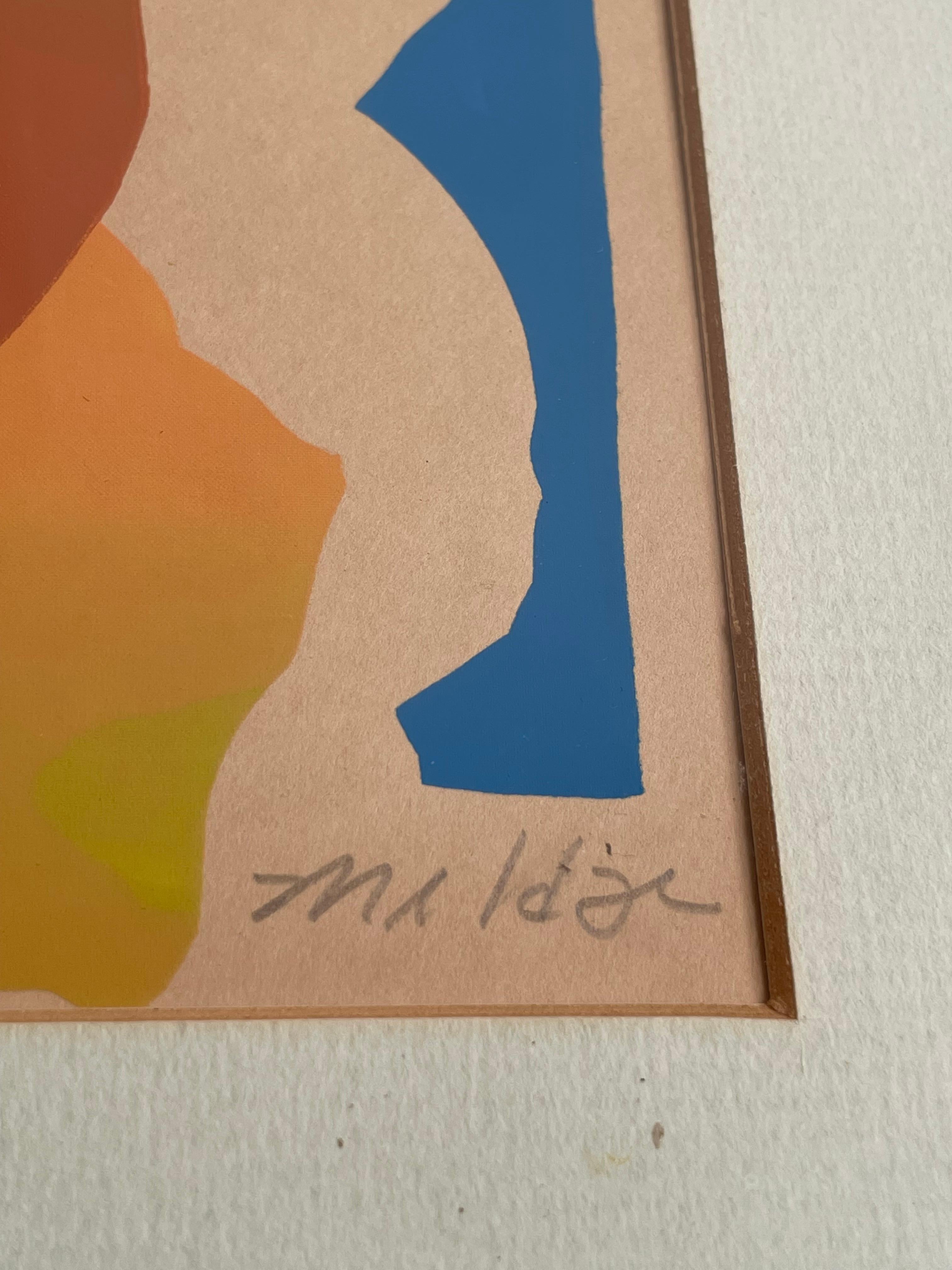 This lithograph is based on an artwork of the artist, Robert L. Mulder, who used a cut-out technique probably inspired by the favorite work of Henri Matisse.
He painted the rolls of paper, and then weighted them down so they dried flat. From there,