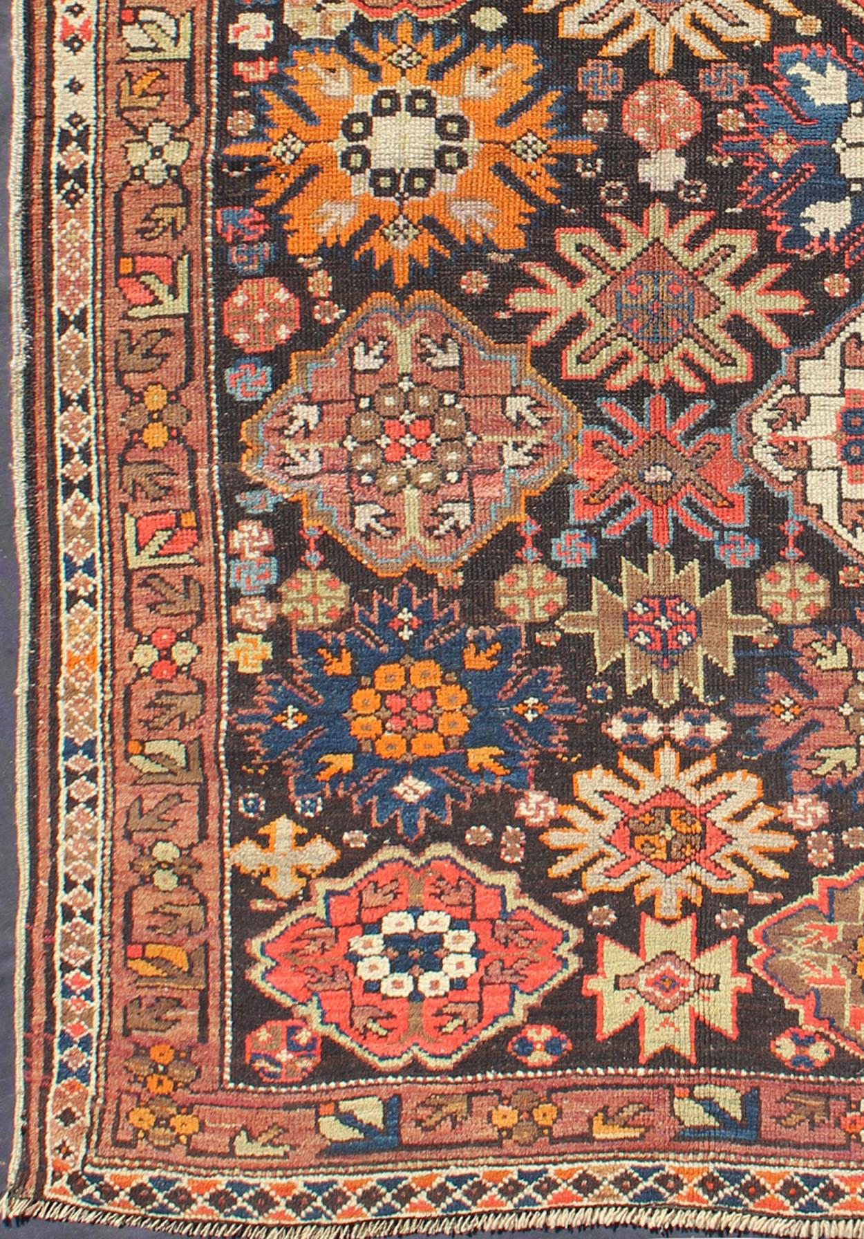 Antique Caucasian Rug with All-Over Multi-Colored in Large All Over Pattern. Large scale geometric boteh Caucasian Rug. Elegant All-Over Antique Caucasian Rug. Keivan Woven Arts / rug 13-0915, country of origin / type: Russia / Kazak, circa late