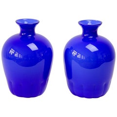 Colorful Cenedese Pair of Cobalt Blue Vintage Italian Murano Glass Vases