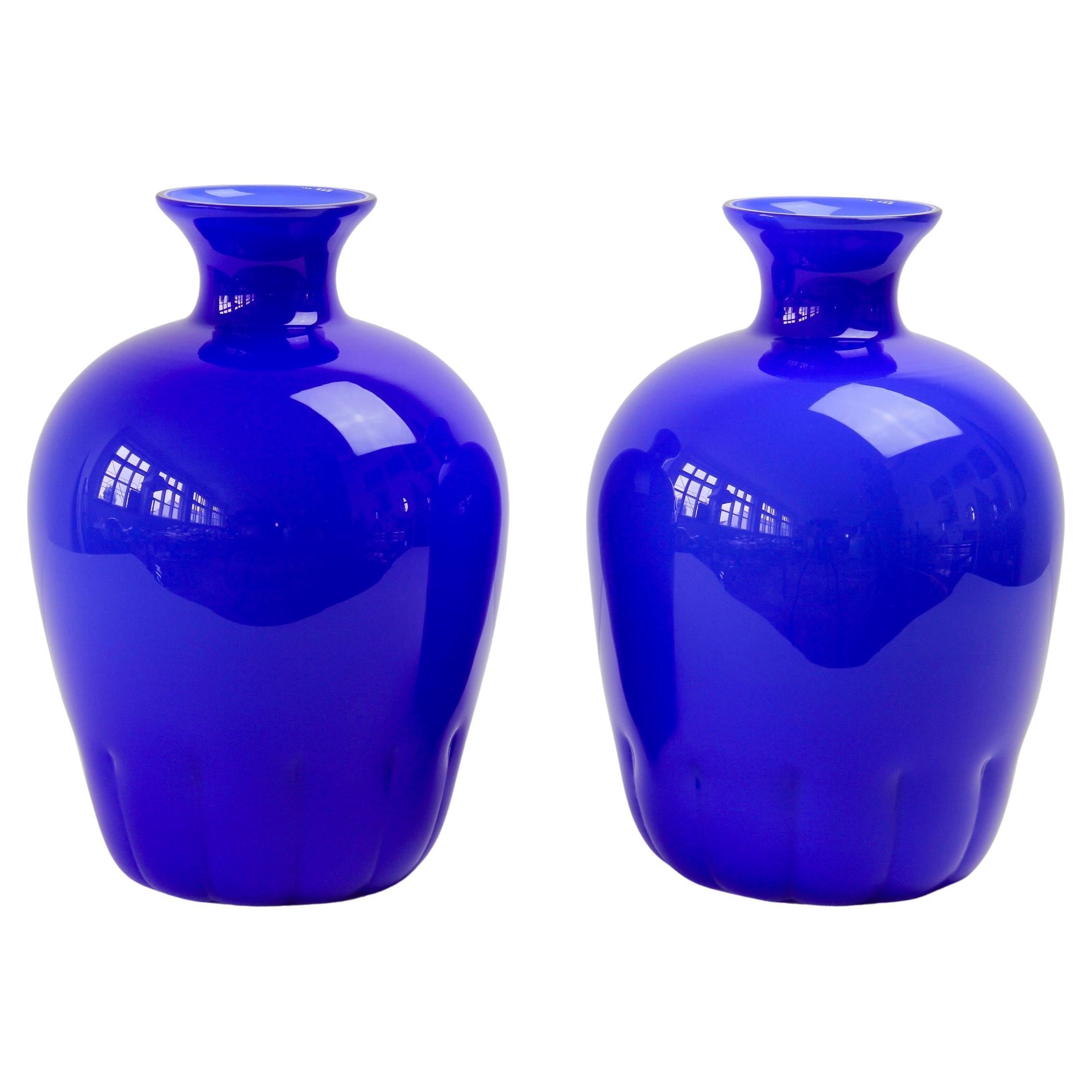 Colorful Cenedese Pair of Cobalt Blue Vintage Italian Murano Glass Vases