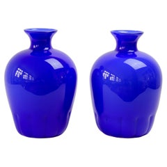 Colorful Cenedese Pair of Cobalt Blue Vintage Italian Murano Glass Vases