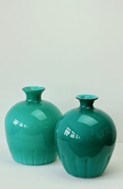 Colorful Cenedese Pair of Teal Green Vintage Italian Murano Glass Vases