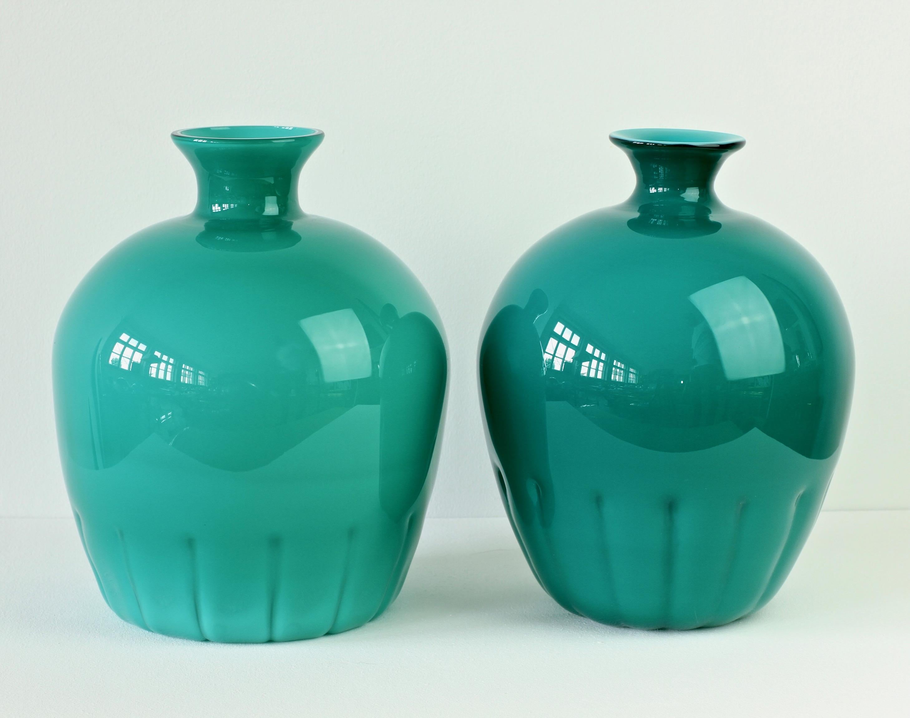Mid-Century Modern Colorful Cenedese Pair of Teal Green Vintage Italian Murano Glass Vases