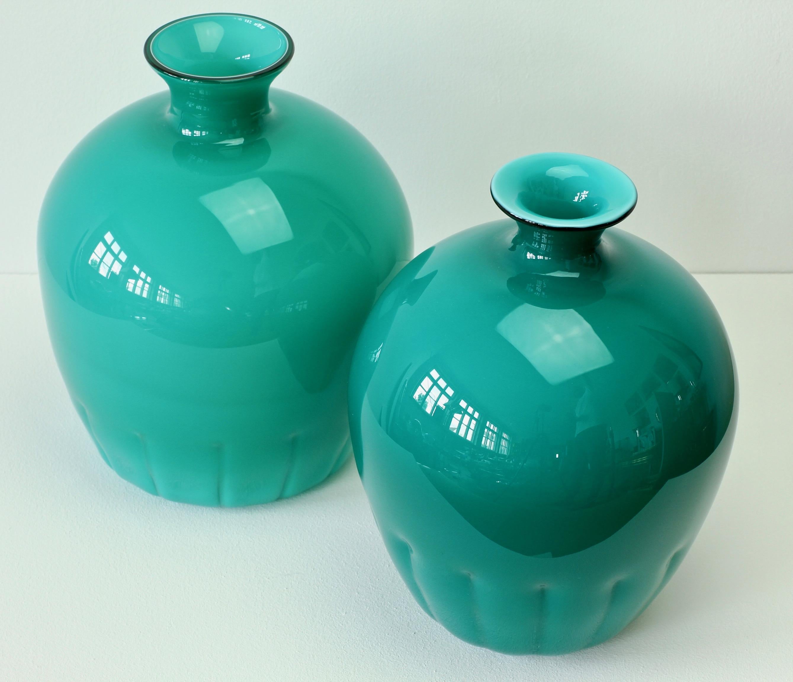 Colorful Cenedese Pair of Teal Green Vintage Italian Murano Glass Vases In Good Condition In Landau an der Isar, Bayern