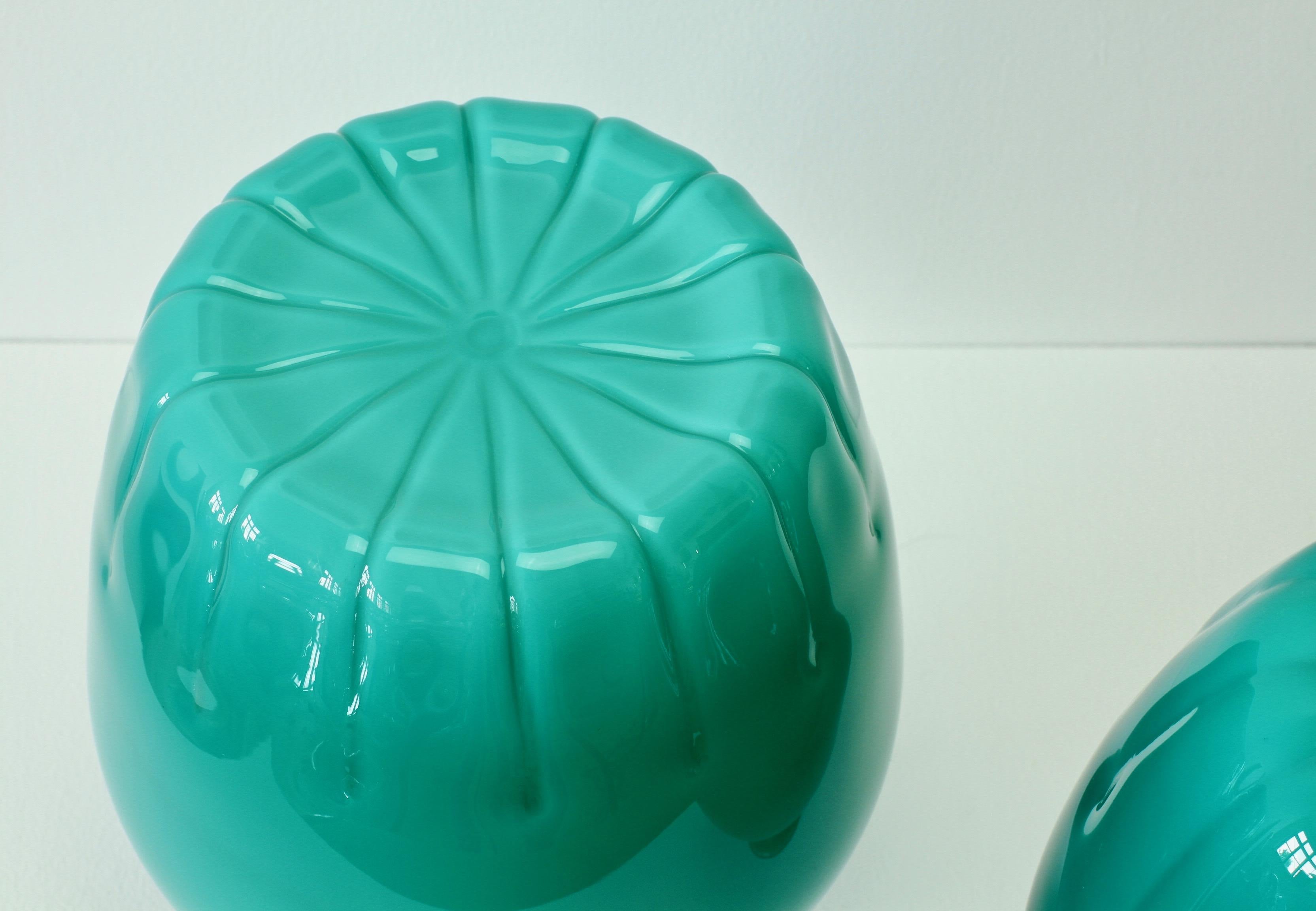 Blown Glass Colorful Cenedese Pair of Teal Green Vintage Italian Murano Glass Vases