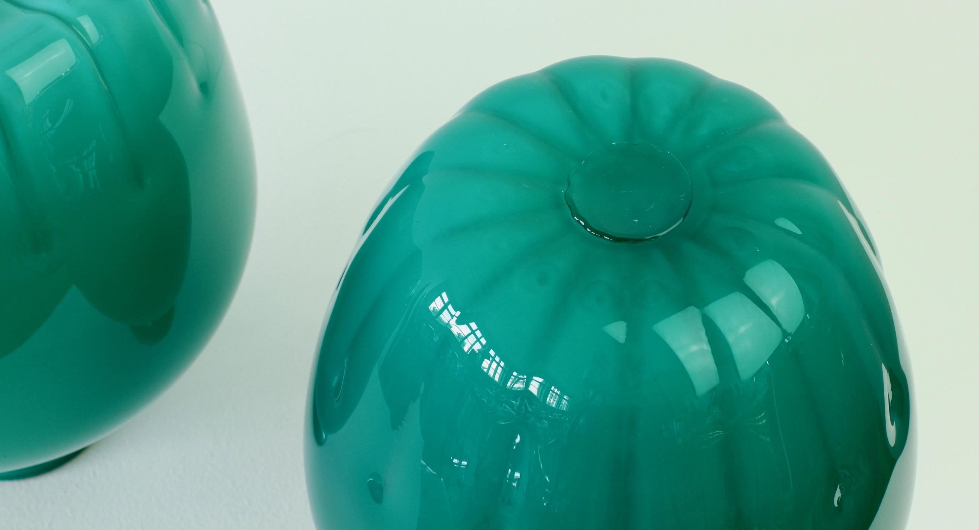 Colorful Cenedese Pair of Teal Green Vintage Italian Murano Glass Vases 1