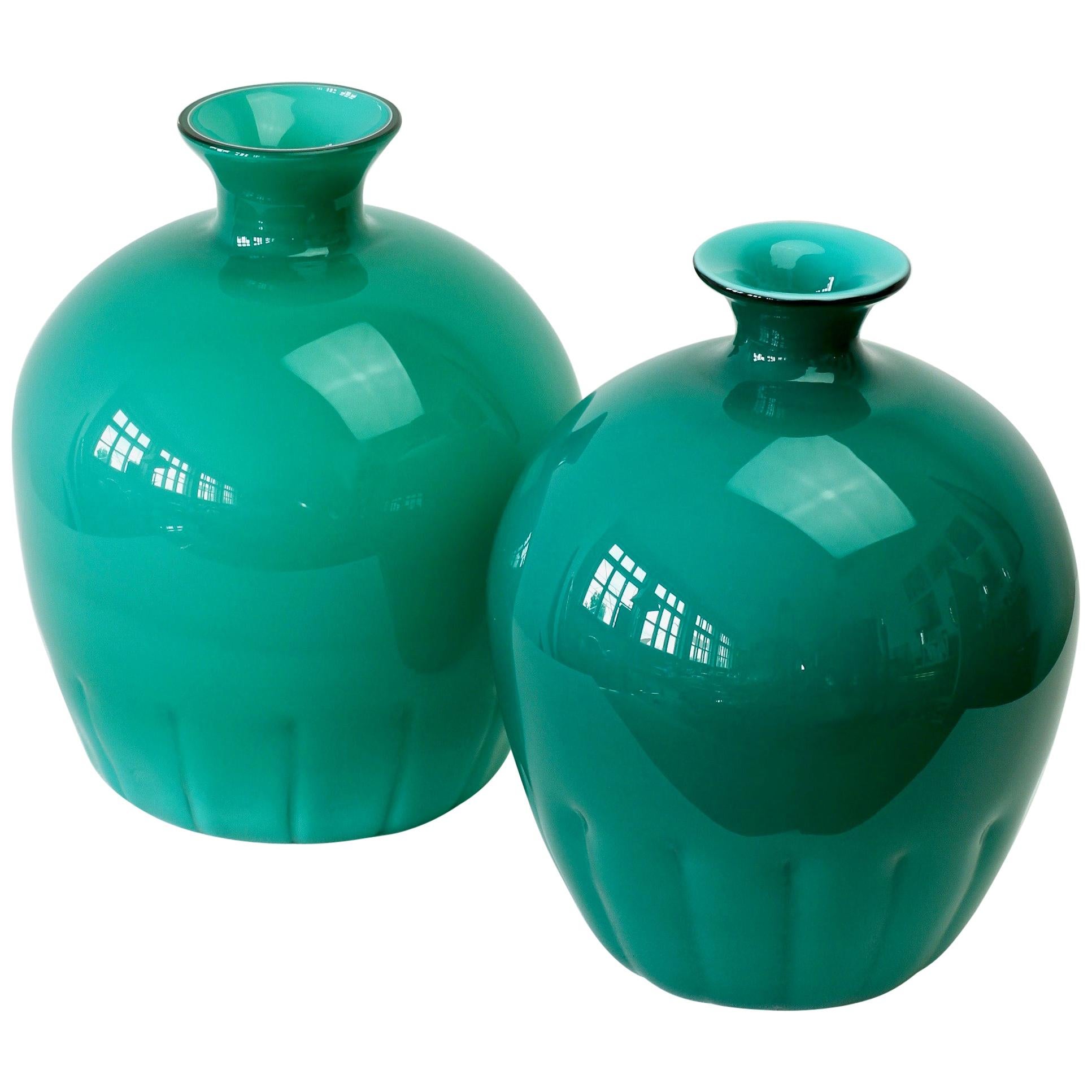 Colorful Cenedese Pair of Teal Green Vintage Italian Murano Glass Vases