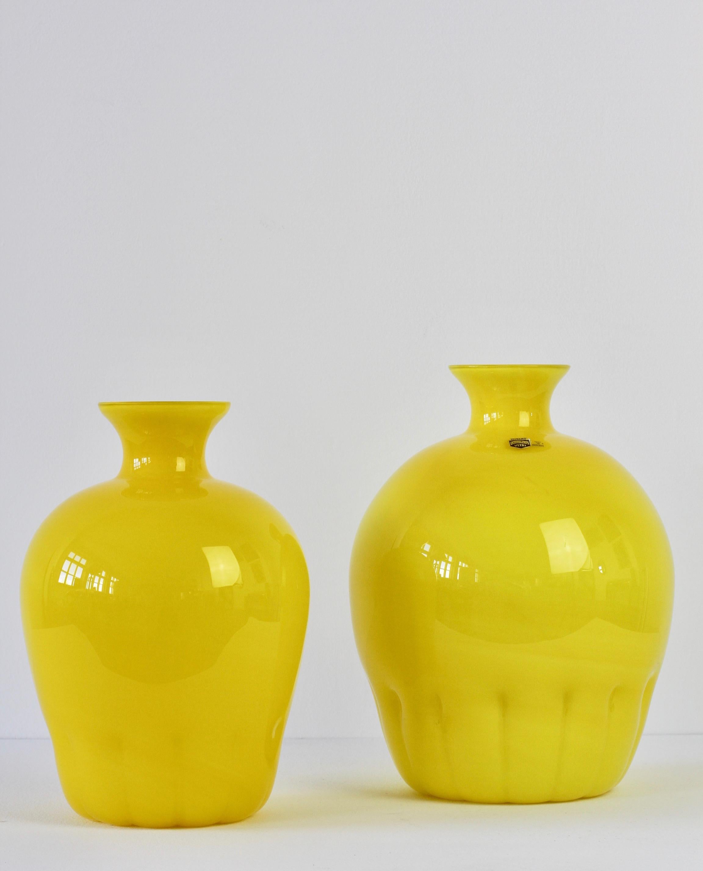 Mid-Century Modern Colorful Cenedese Pair of Yellow Vintage Italian Murano Glass Vases, circa 1990s