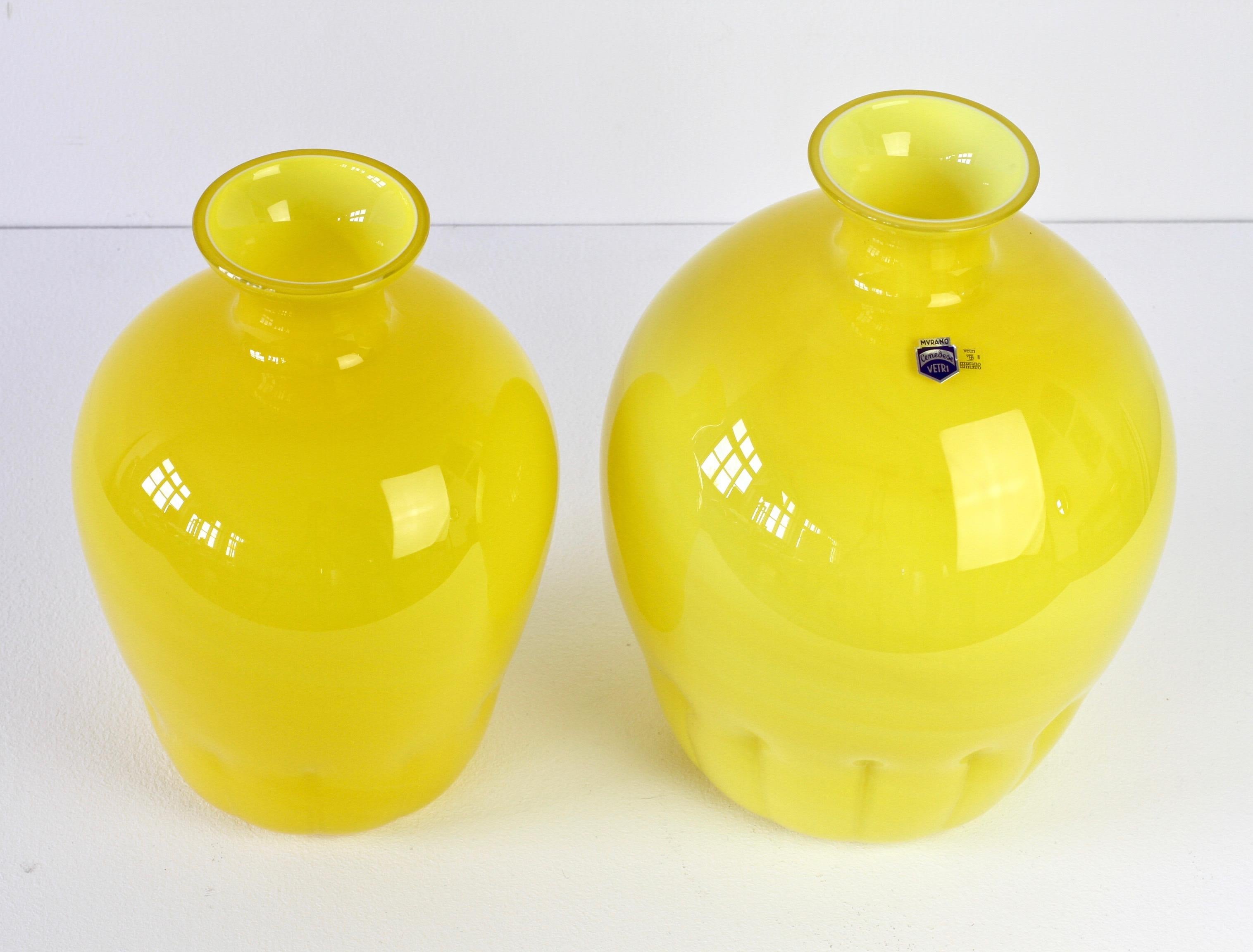 Blown Glass Colorful Cenedese Pair of Yellow Vintage Italian Murano Glass Vases, circa 1990s