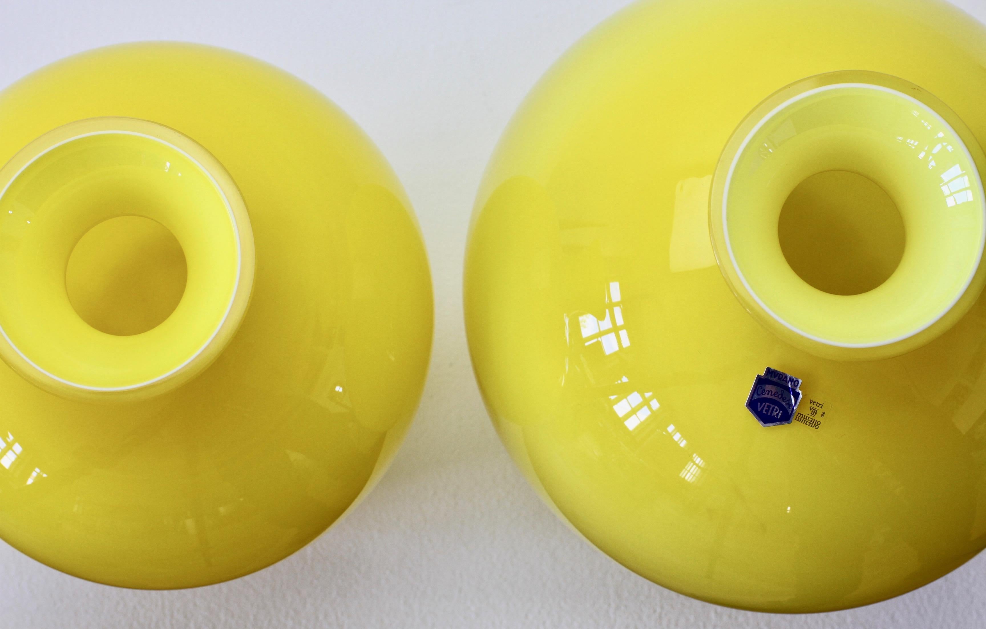 Colorful Cenedese Pair of Yellow Vintage Italian Murano Glass Vases, circa 1990s 1