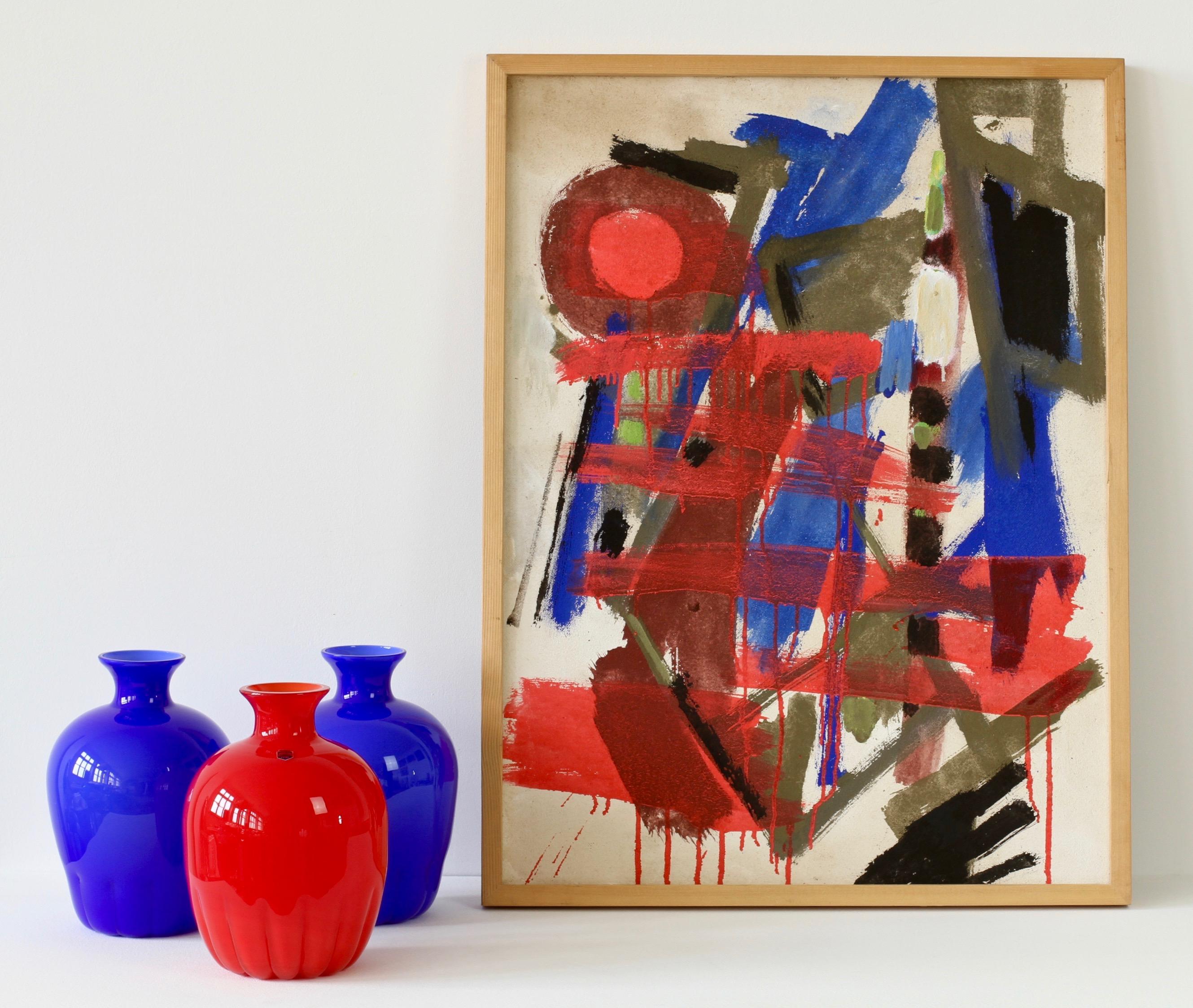 Buntes Cenedese Set / Trio von roten und blauen italienischen Muranoglasvasen im Vintage-Stil im Angebot 9