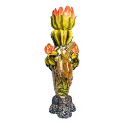 Colorful Ceramic Leopards and Protea Vase, hand made in South Africa