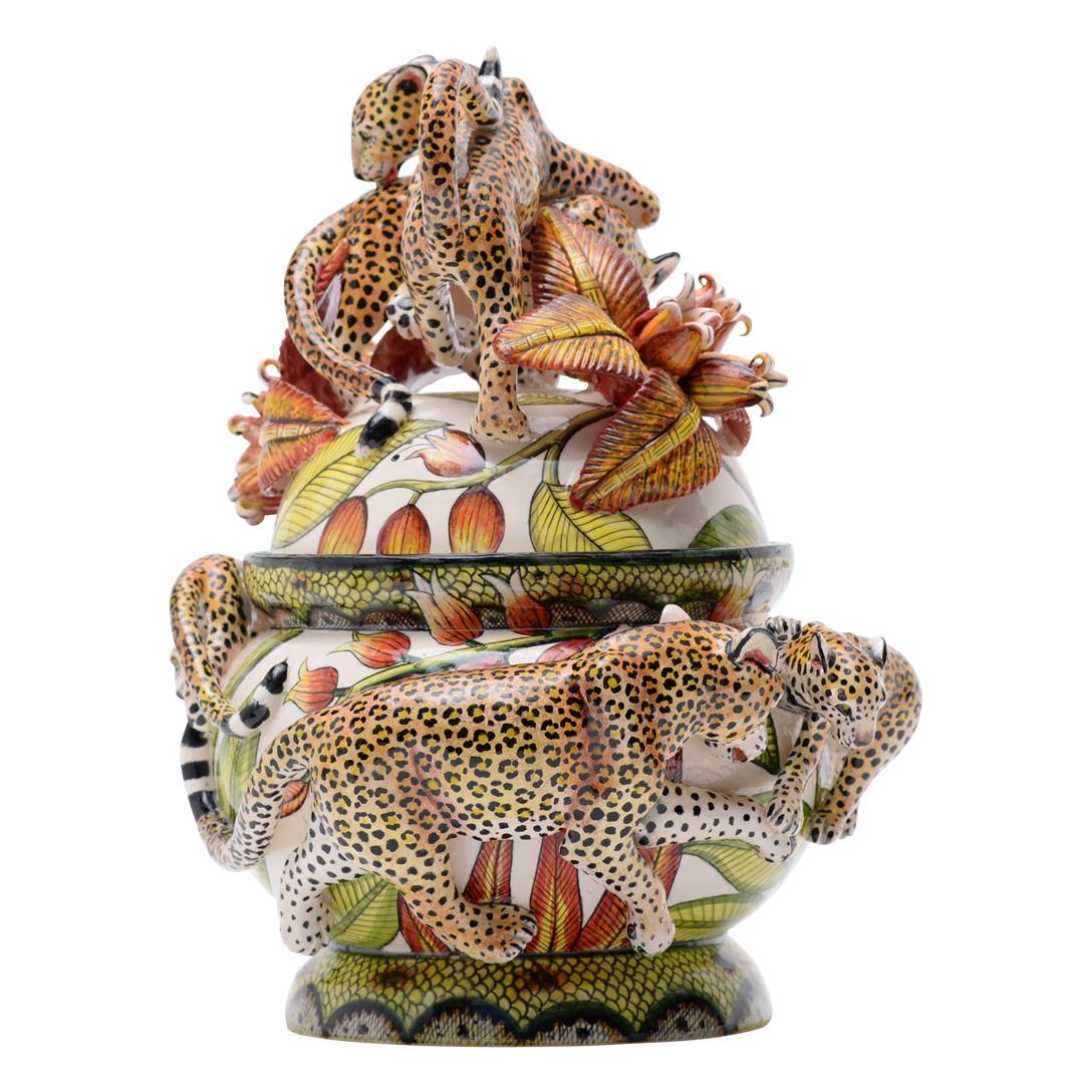 Modern Colorful Ceramic Leopards Tureen, hand made in South Africa For Sale