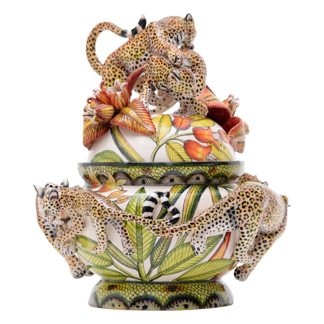 South African Colorful Ceramic Leopards Tureen, hand made in South Africa For Sale