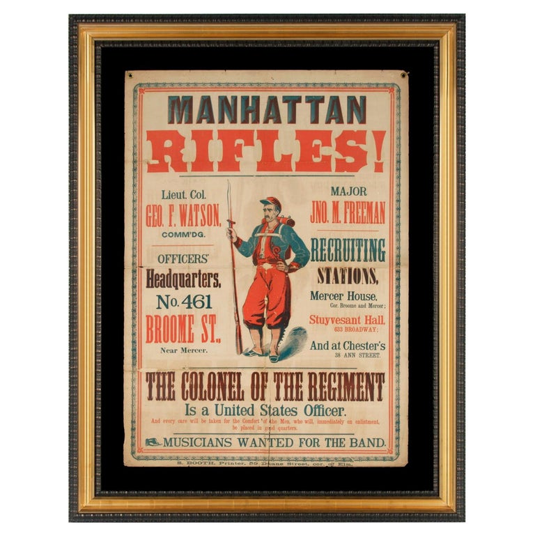 Colorful Civil War Recruitment Broadside for the "Manhattan Rifles" For Sale