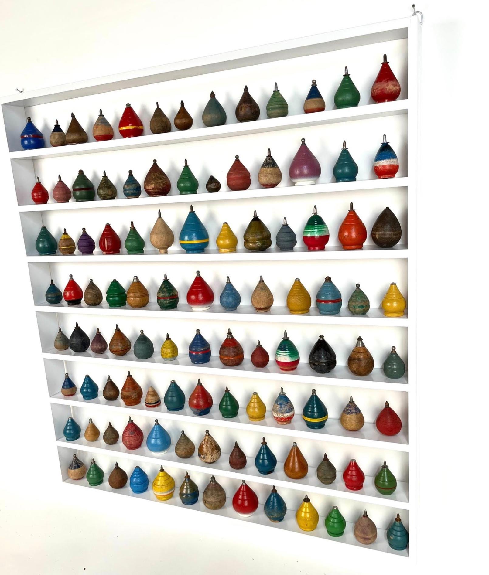 American Craftsman Colorful Collection of 104 Antique Wooden Spinning Top in Custom Display For Sale