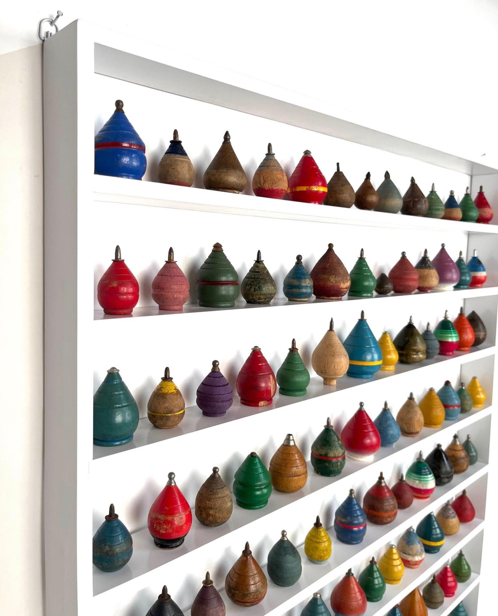 American Colorful Collection of 104 Antique Wooden Spinning Top in Custom Display For Sale