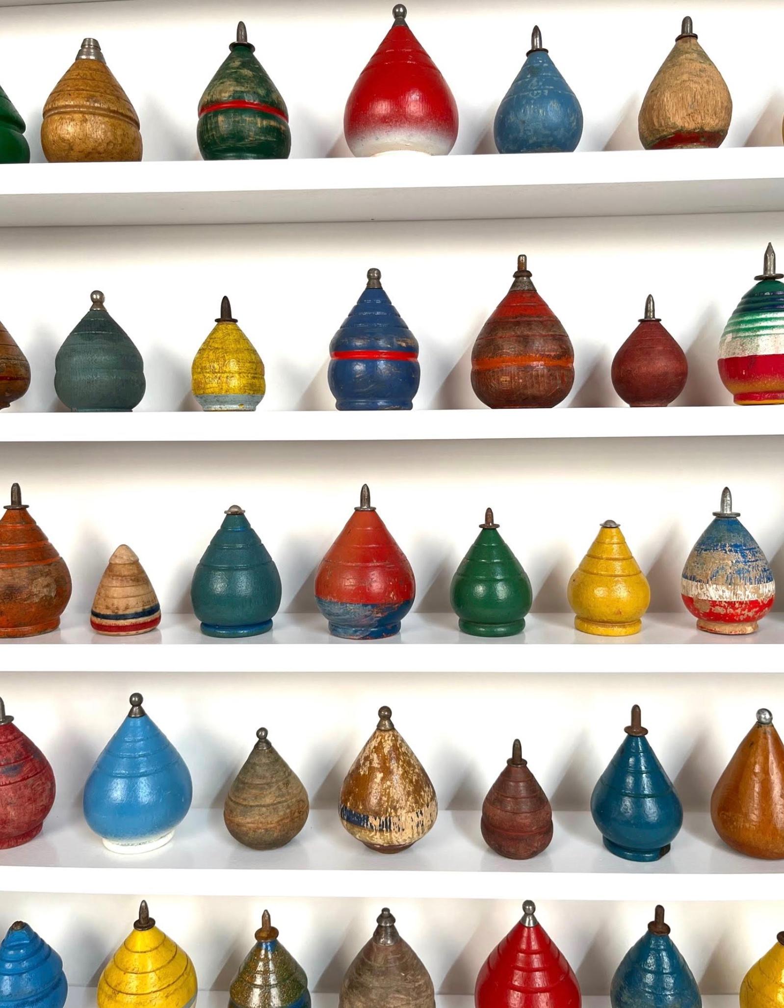 Colorful Collection of 104 Antique Wooden Spinning Top in Custom Display In Good Condition For Sale In Bridport, CT