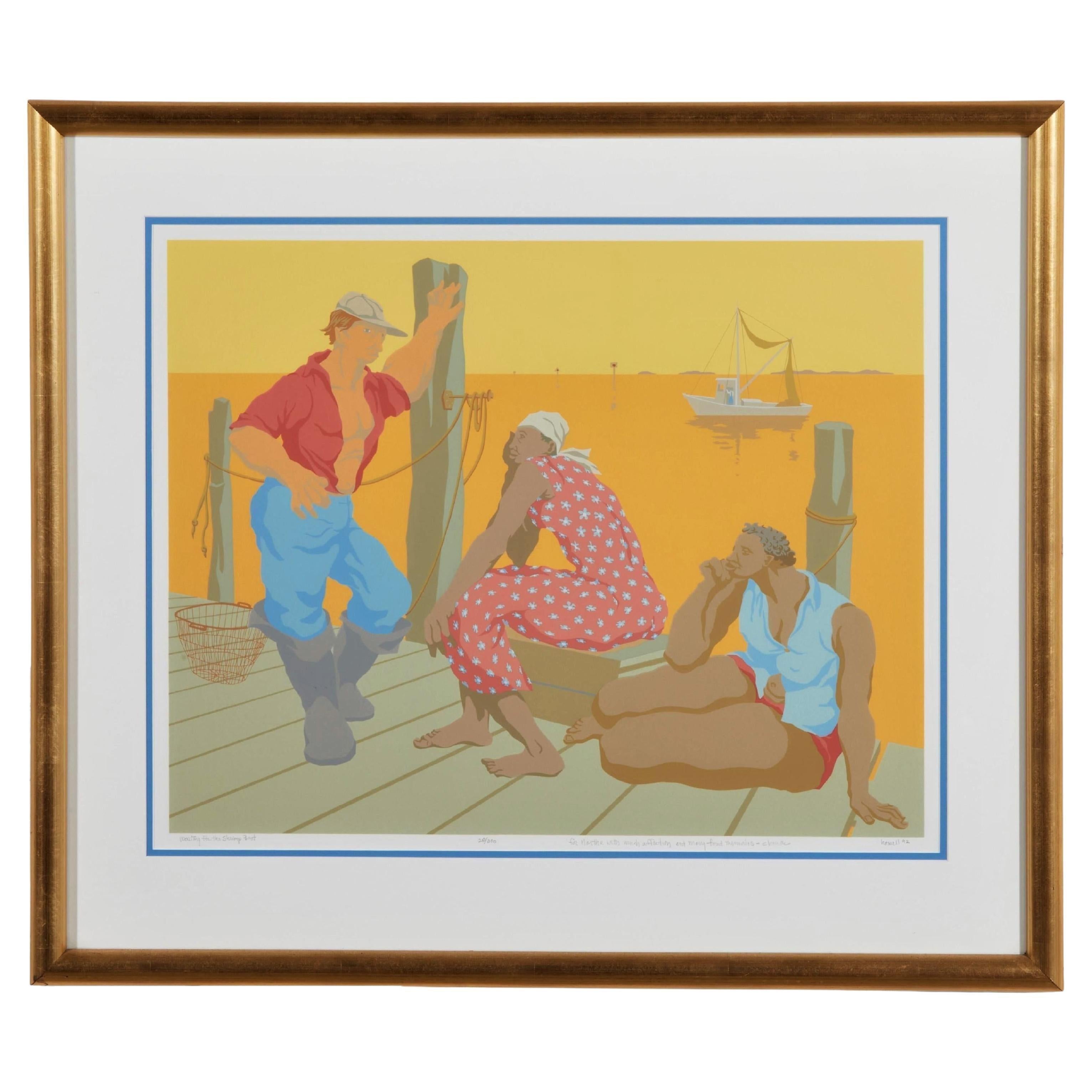 Colorful Contemporary Modern decorative wall Art print framed American beach NC . As part North Carolina Fisherman Waiting for the Shrimp Boat . serigraph printed in beautiful colors. Matted and a simple gold color frame. Claude Howell is often
