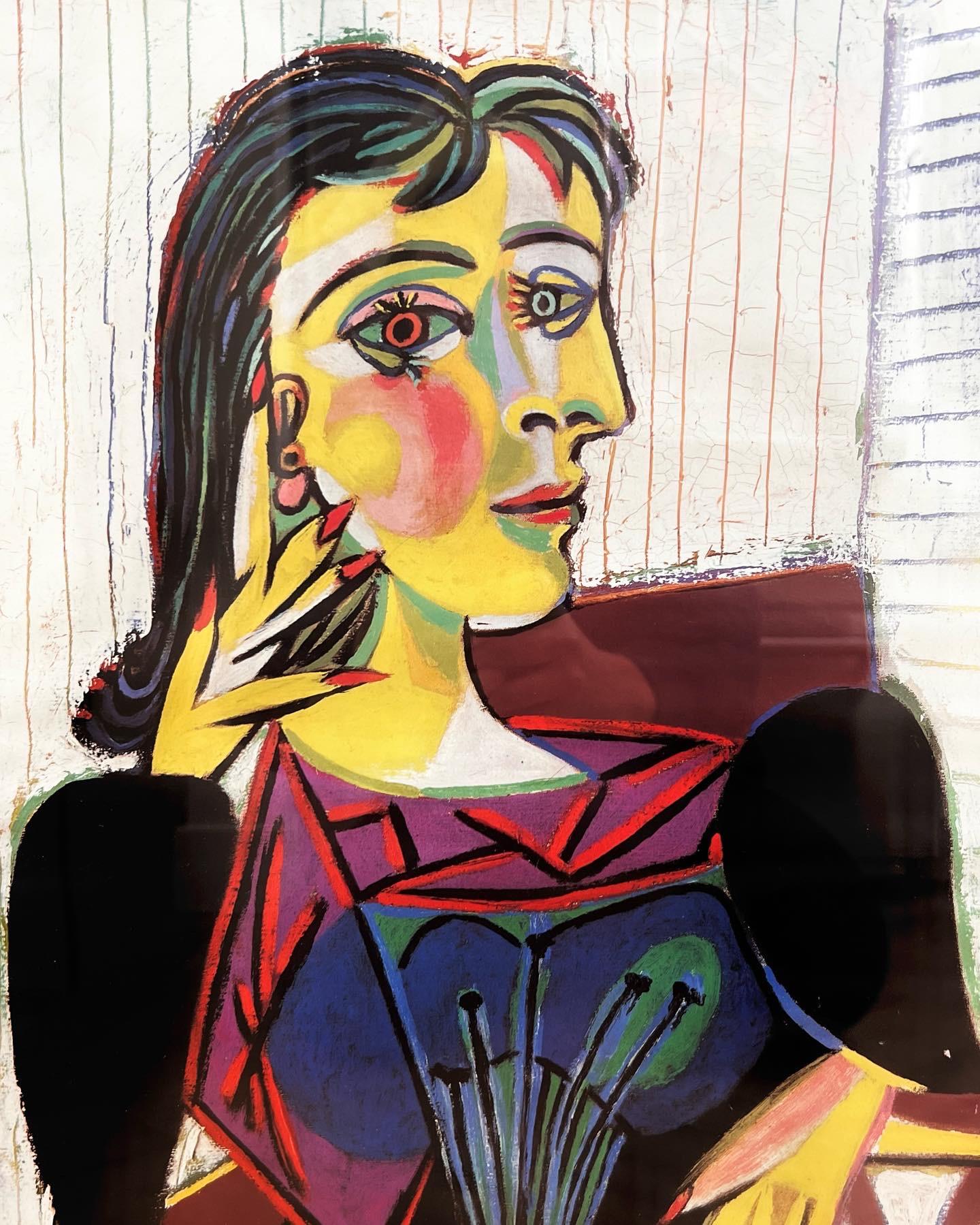 A vintage Picasso exhibition poster from the Musée Picasso featuring a detail from his 1937 portrait of Dora Maar, 20th century. Framed in copper-toned titanium, behind glass, and in fabulous condition. Pick up in central West Los Angeles or