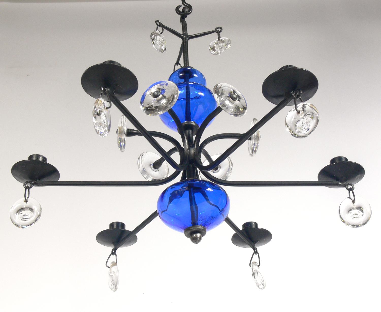 Colorful Danish Modern Glass Chandelier, by Erik Hoglund for Kosta Boda, Sweden, circa 1960s. This chandelier is all original and fitted for candles. If you prefer, we can wire it for electricity for an additional $150. See last photo of another