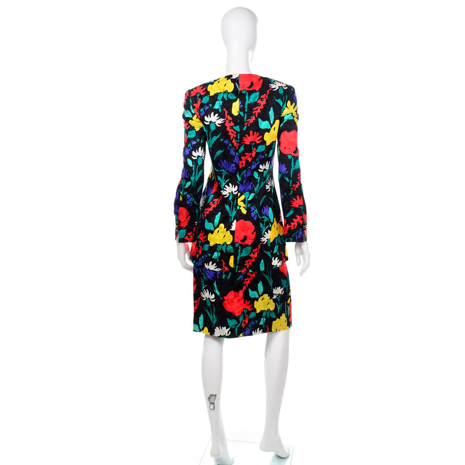 Black Colorful David Hayes Silk Floral Print Vintage Jacket and Skirt Suit