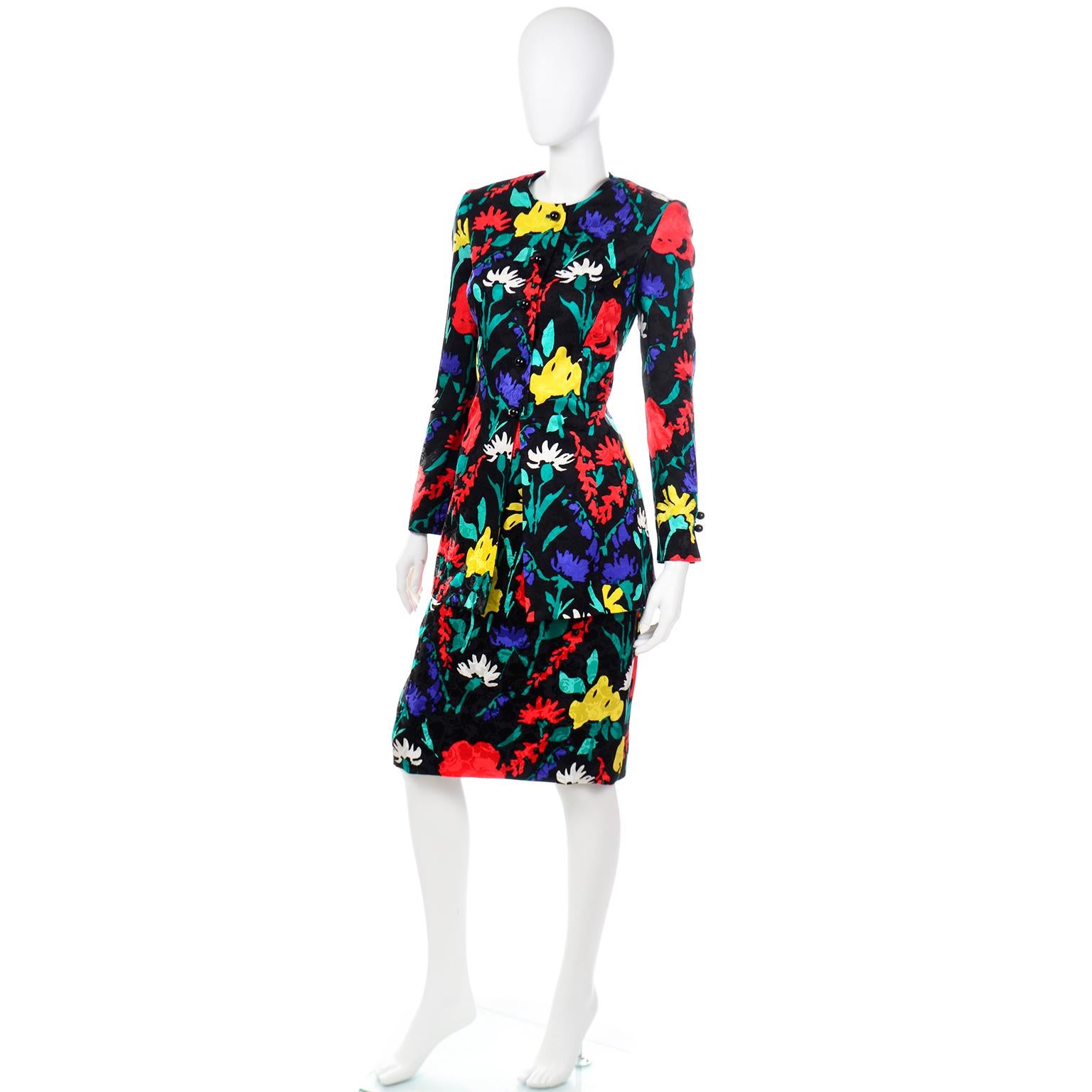 Colorful David Hayes Silk Floral Print Vintage Jacket and Skirt Suit In Excellent Condition In Portland, OR