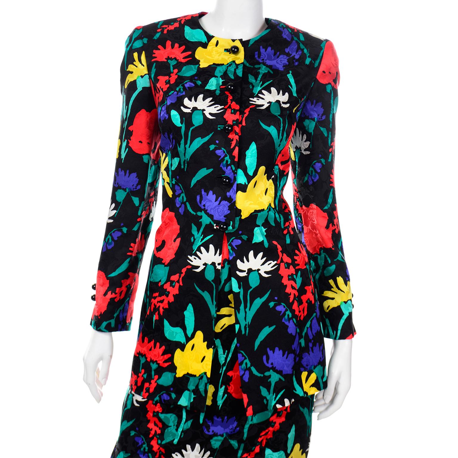 Women's Colorful David Hayes Silk Floral Print Vintage Jacket and Skirt Suit