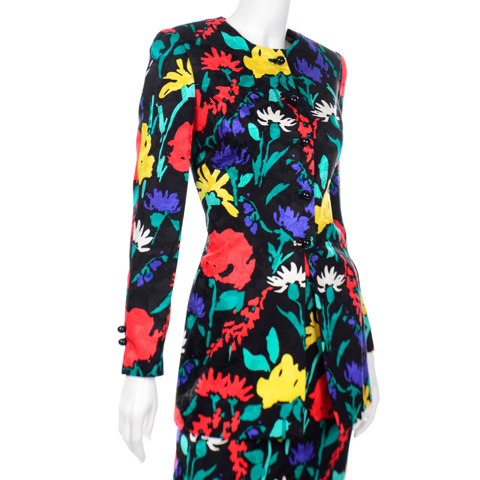 Colorful David Hayes Silk Floral Print Vintage Jacket and Skirt Suit 1