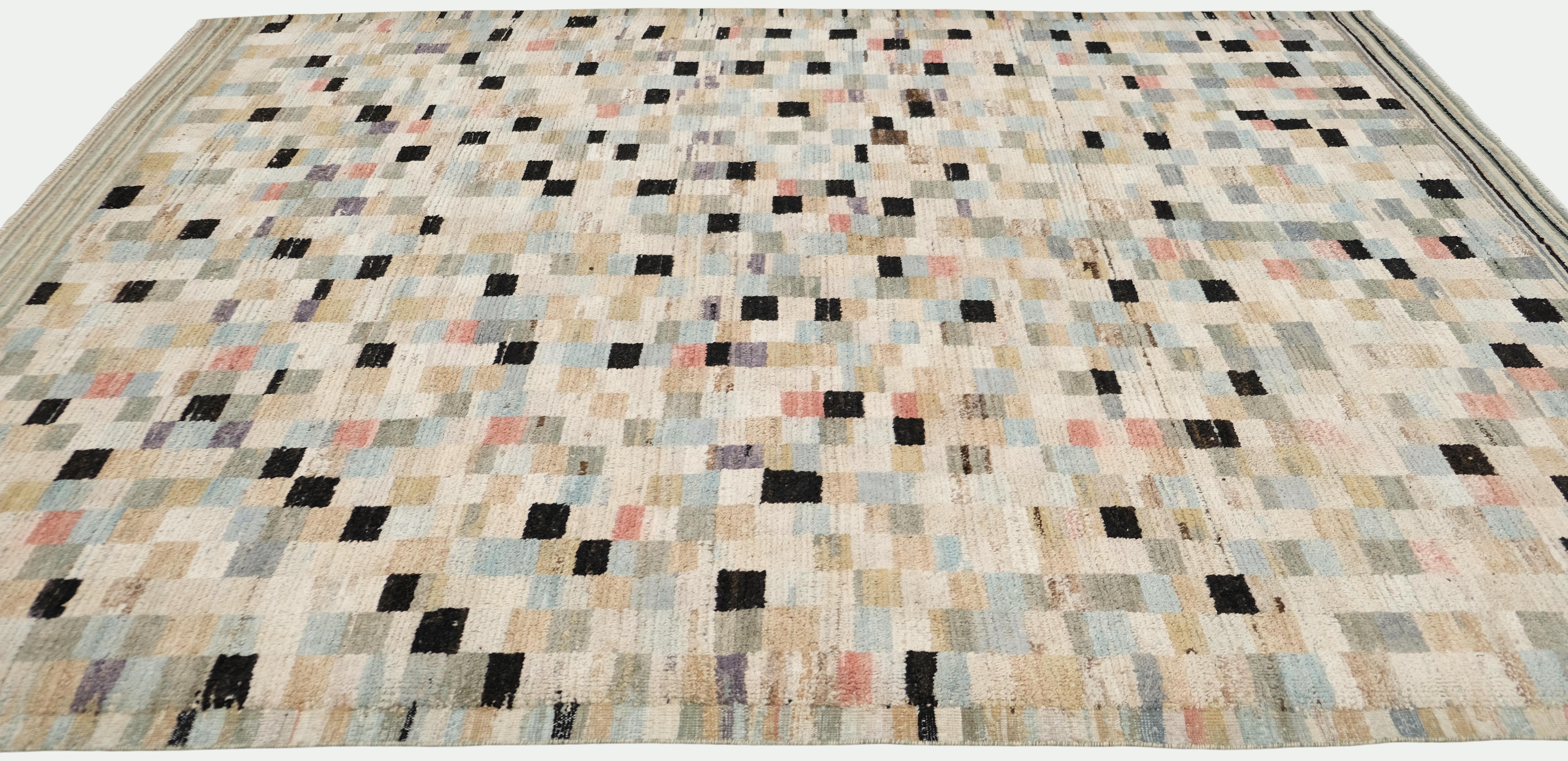 Pakistani Colorful Deco Checkered Wool Rug 9'X11'10'' For Sale