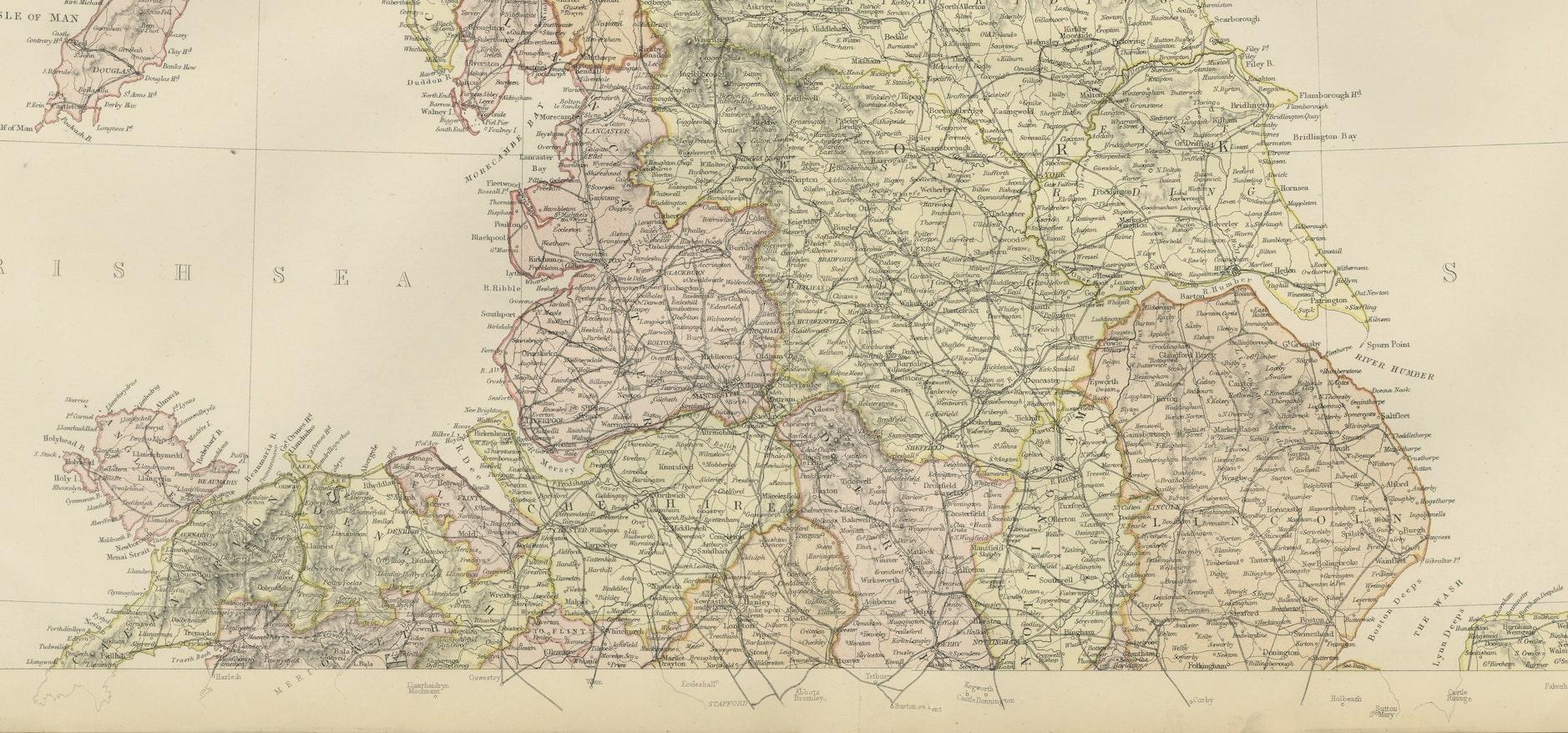 Colorful Detailed Antique Map of England and Wales, 1882 In Good Condition For Sale In Langweer, NL