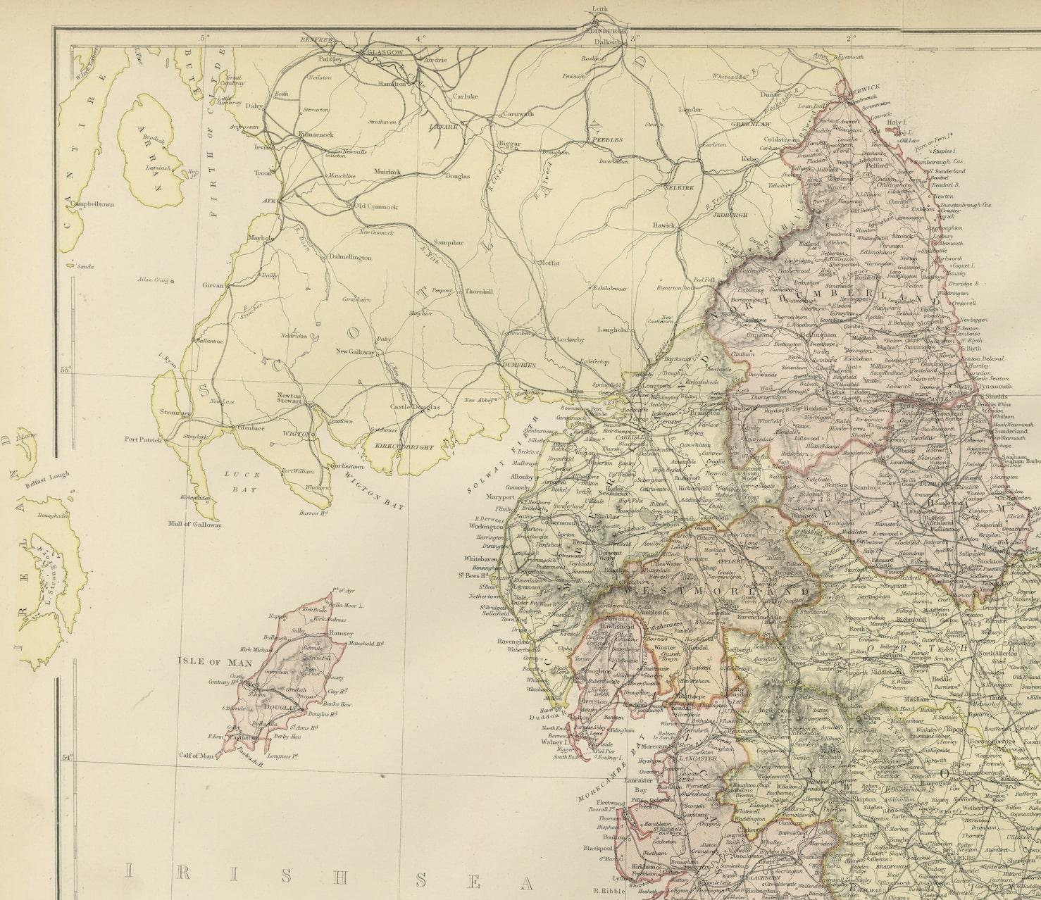 Fin du XIXe siècle Carte ancienne colorée d'Angleterre et de Galles, 1882 en vente