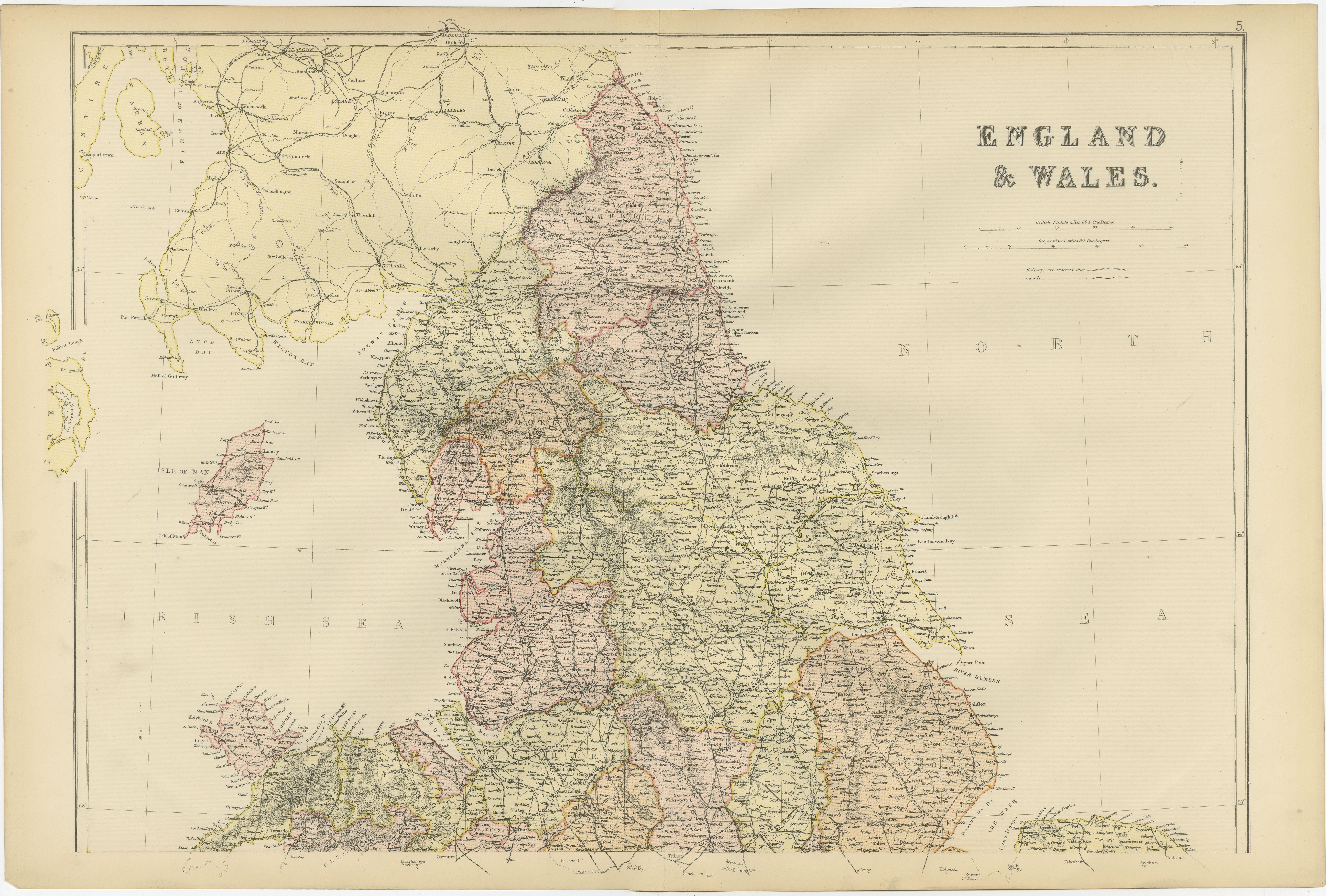 Papier Carte ancienne colorée d'Angleterre et de Galles, 1882 en vente