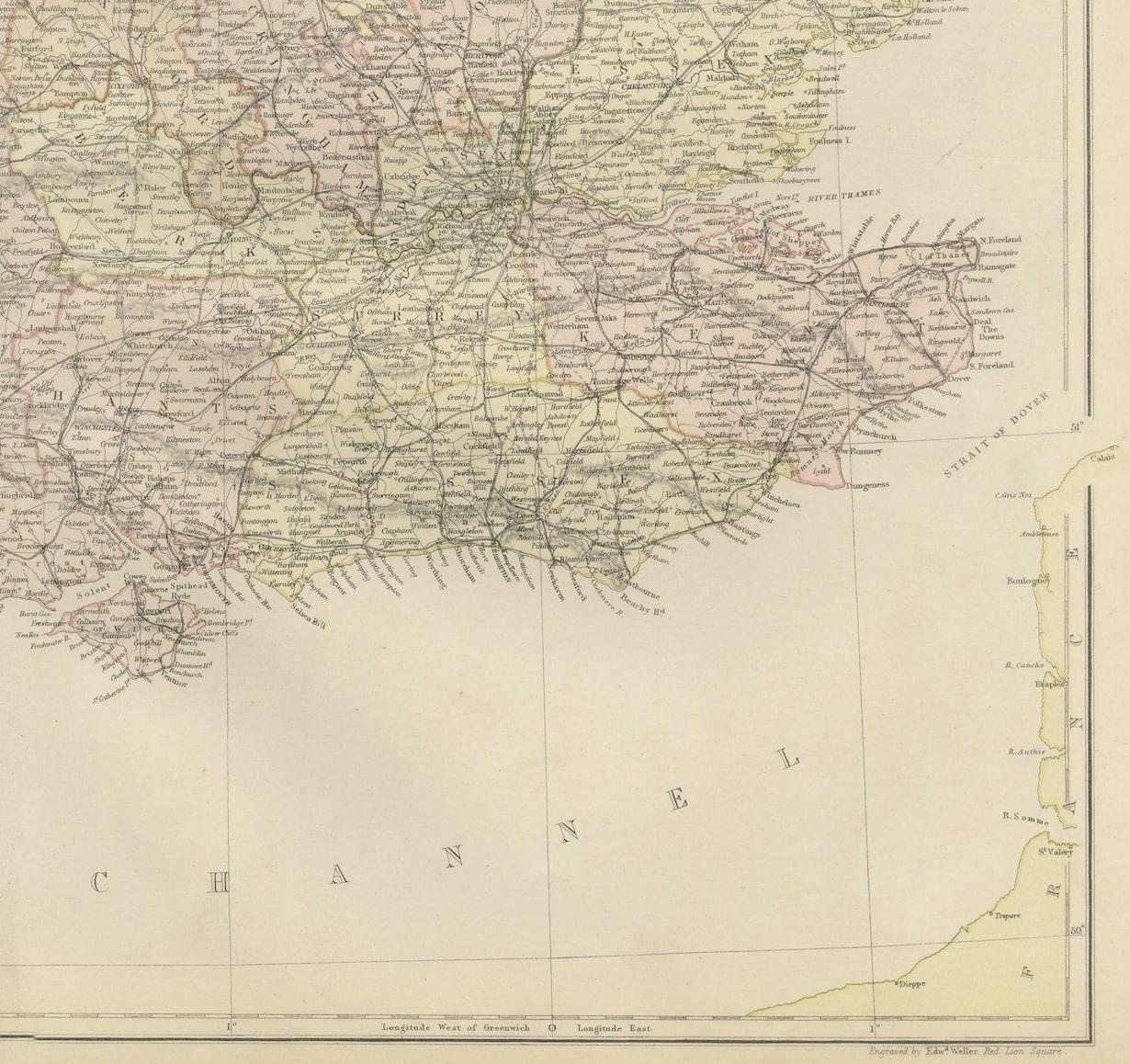Embark on a Journey Through the Southern Part of 'England and Wales' with this Exquisite Antique Map! This map provides a vivid portrayal of the captivating landscapes and cultural heritage of the southern regions of England and Wales and includes a
