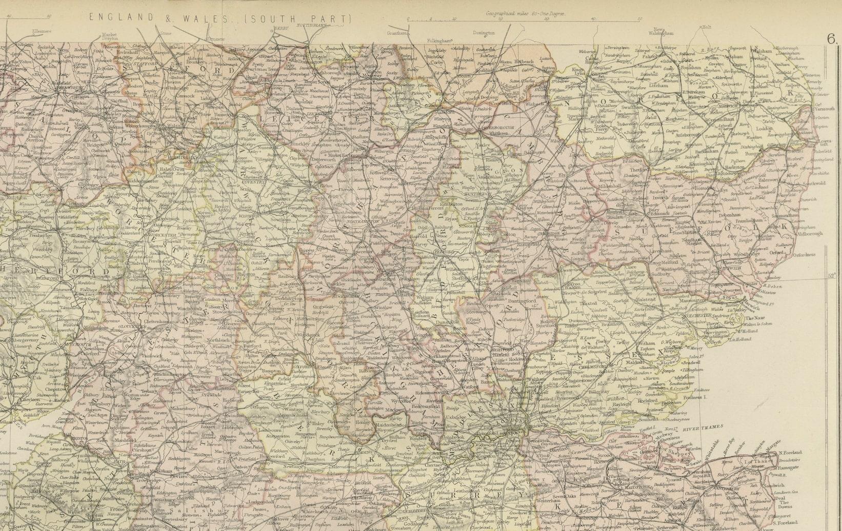 Carte ancienne colorée d'Angleterre et de Galles (partie sud), 1882 Bon état - En vente à Langweer, NL