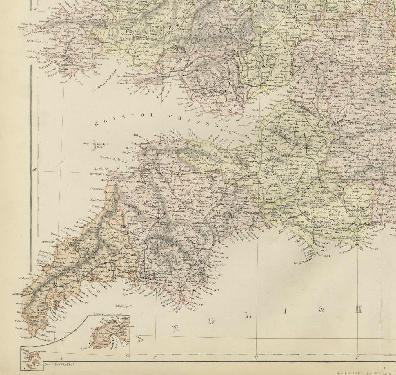 Fin du XIXe siècle Carte ancienne colorée d'Angleterre et de Galles (partie sud), 1882 en vente