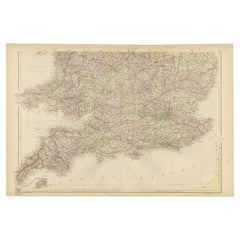 Mappa antica dettagliata e colorata dell'Inghilterra e del Galles (parte sud), 1882